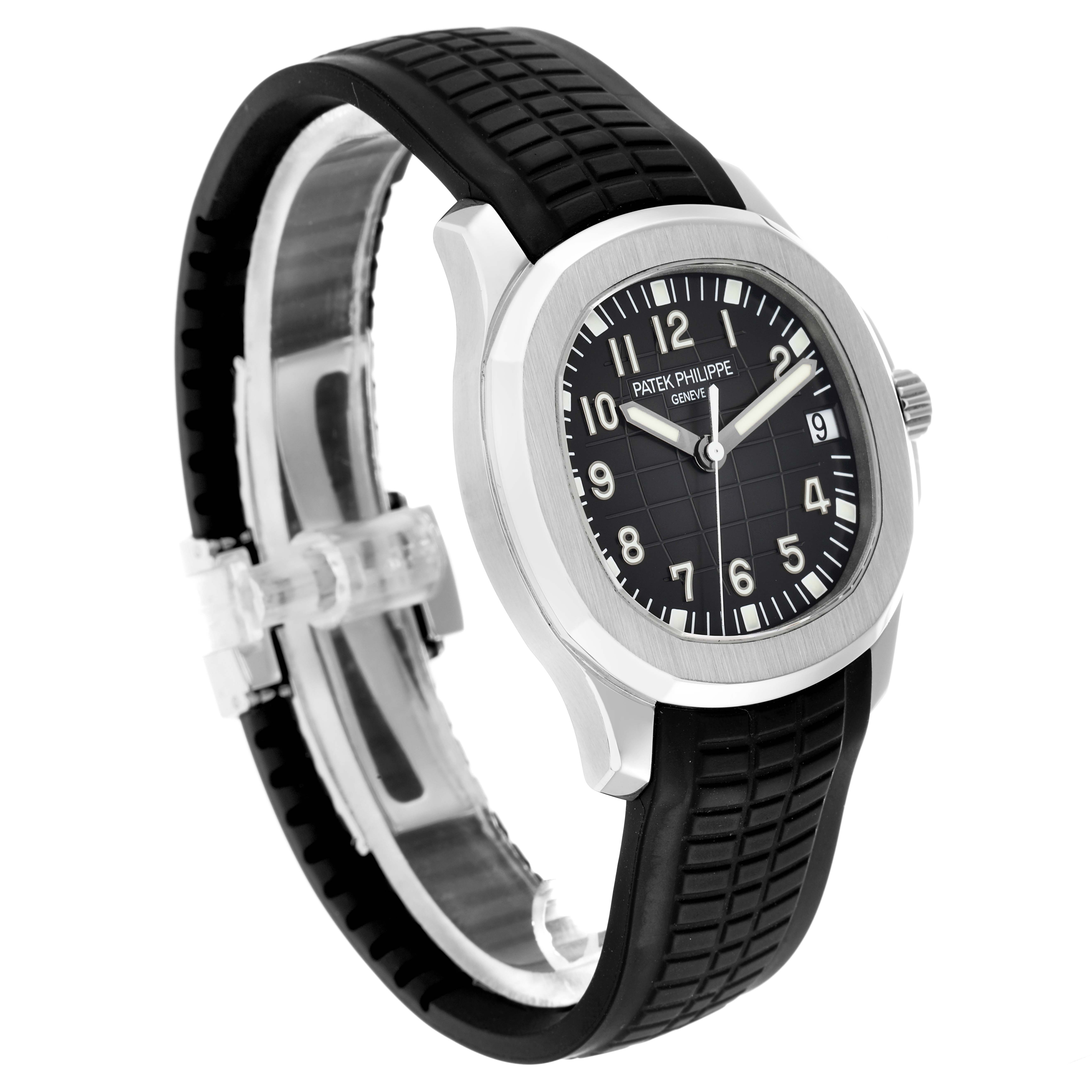 The Patek Philippe Aquanaut 5165A Men
s Stainless Steel Grey Dial watch is shown at a slight angle, displaying the front face, bezel, and black textured strap.