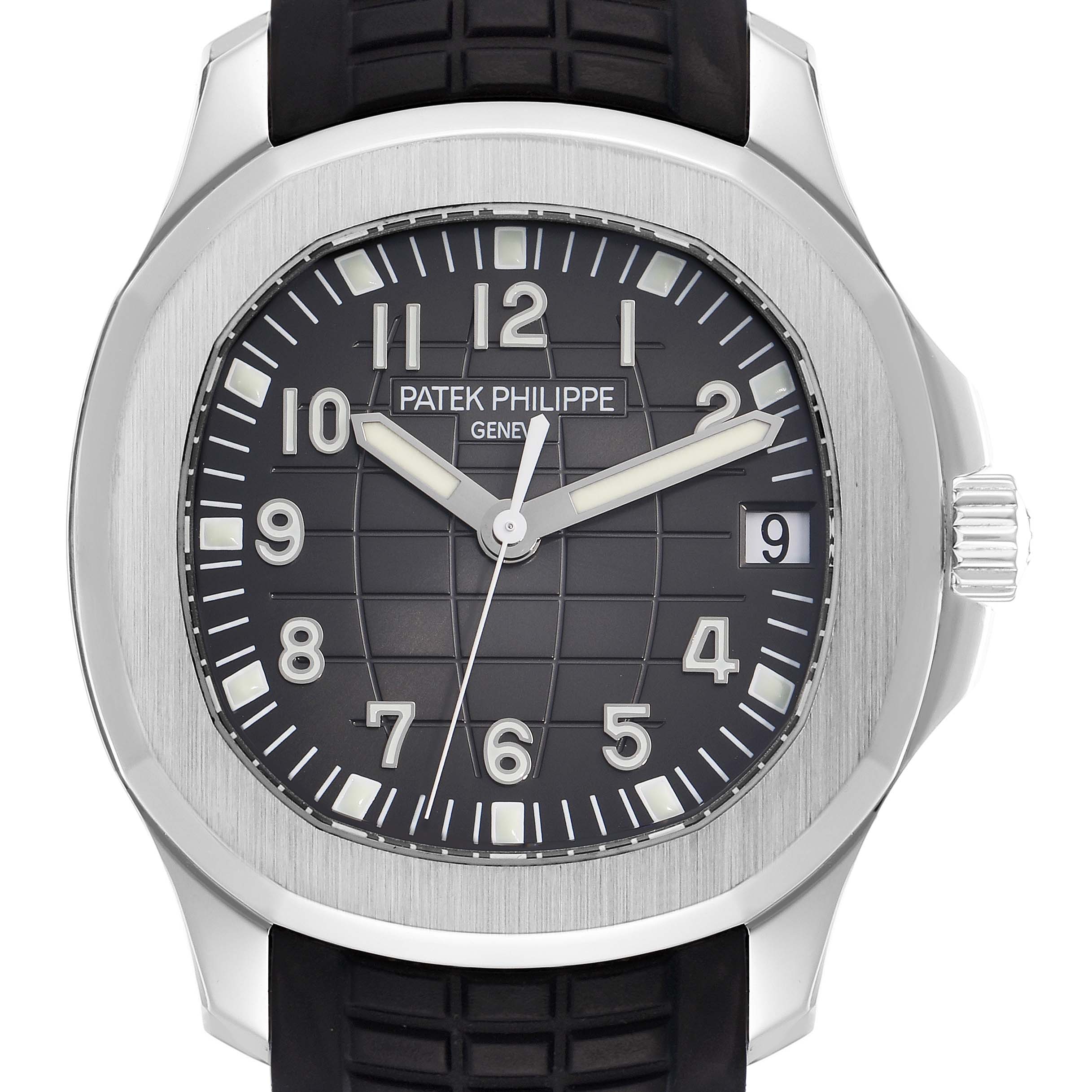 The Patek Philippe Aquanaut 5165A Men
s Stainless Steel Grey Dial watch is shown from a front angle, highlighting the dial, bezel, hands, and date window.