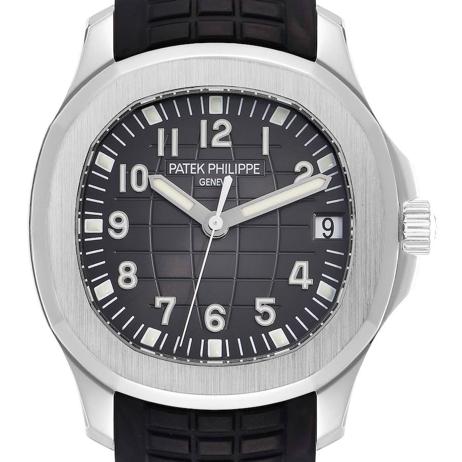 The Patek Philippe Aquanaut 5165A Men's Stainless Steel Grey Dial watch is shown from a front angle, highlighting the dial, bezel, hands, and date window.