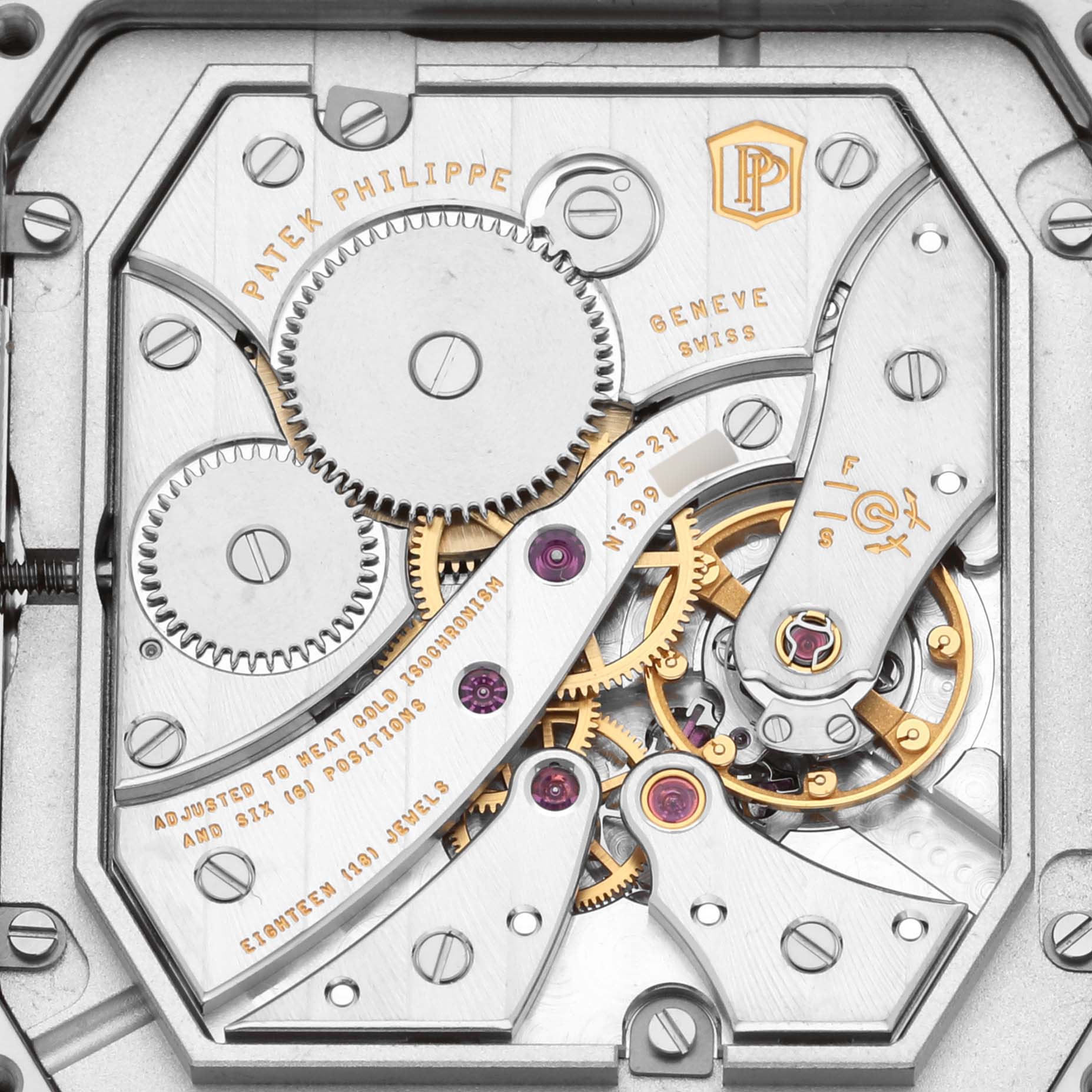 This image shows a close-up of the movement of a Patek Philippe Gondolo 5124G-011 Men's White Gold Blue Dial watch, highlighting gears and intricate components.