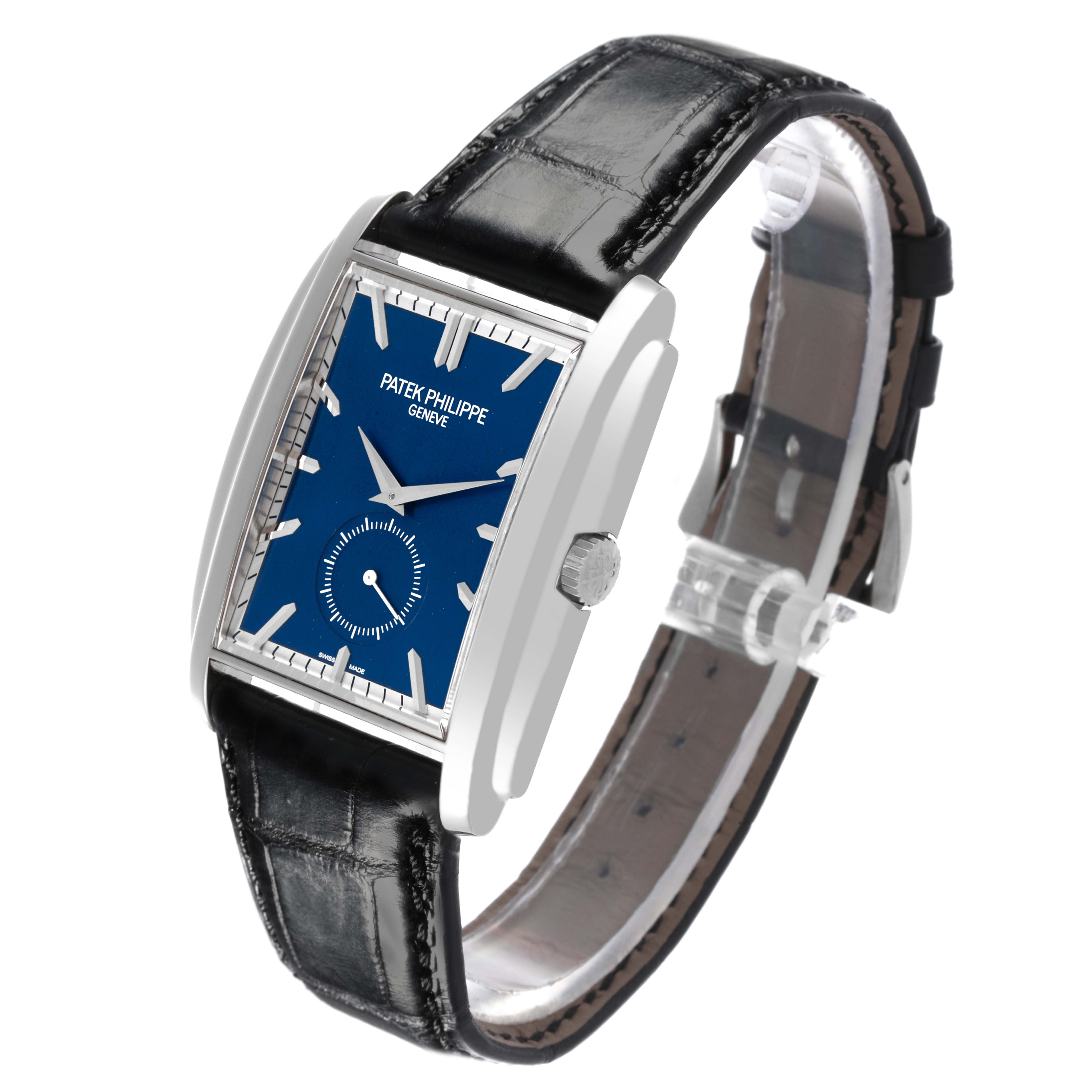 The Patek Philippe Gondolo 5124G-011 Men's White Gold Blue Dial watch is shown at a three-quarter angle, highlighting the blue dial, crown, and black strap.