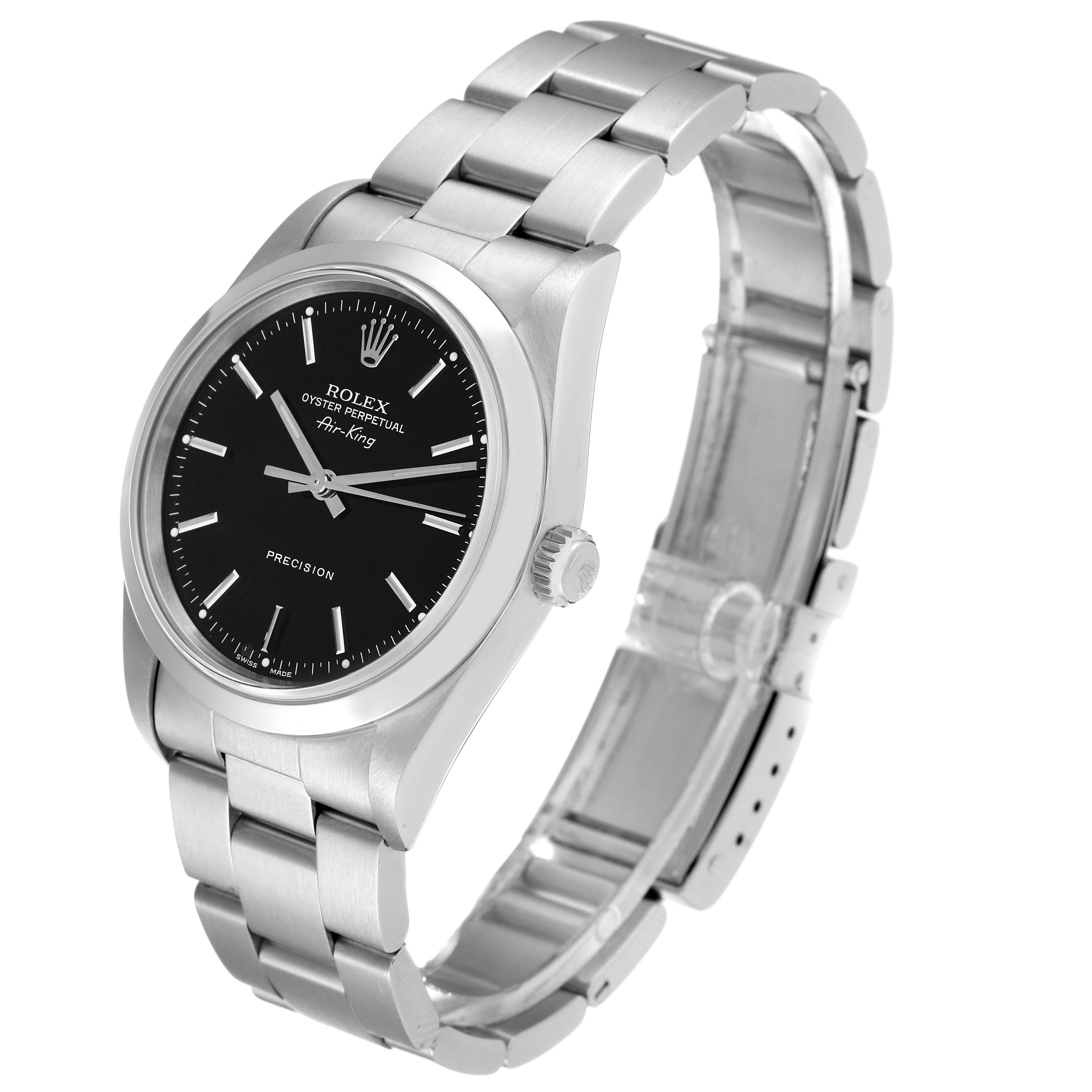 The image shows a Rolex Air-King 14000 Men's Stainless Steel Black Dial 14000 Men's Stainless Steel Black Dial watch from an angled side view, highlighting the black dial, crown, and stainless steel bracelet.