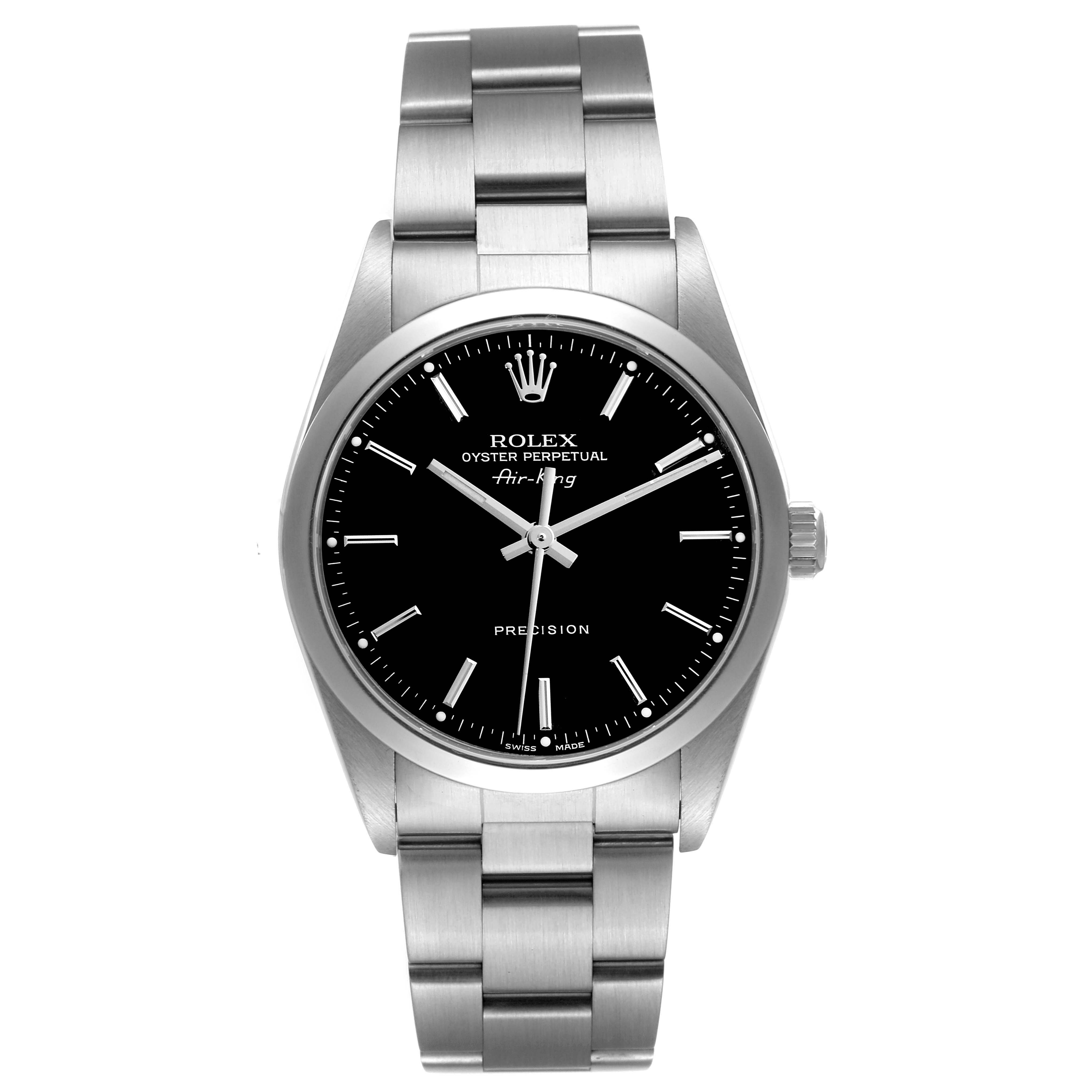 The image shows a front view of the Rolex Air-King 14000 Men's Stainless Steel Black Dial 14000 Men's Stainless Steel Black Dial watch, displaying the dial, hands, crown, and metal bracelet.
