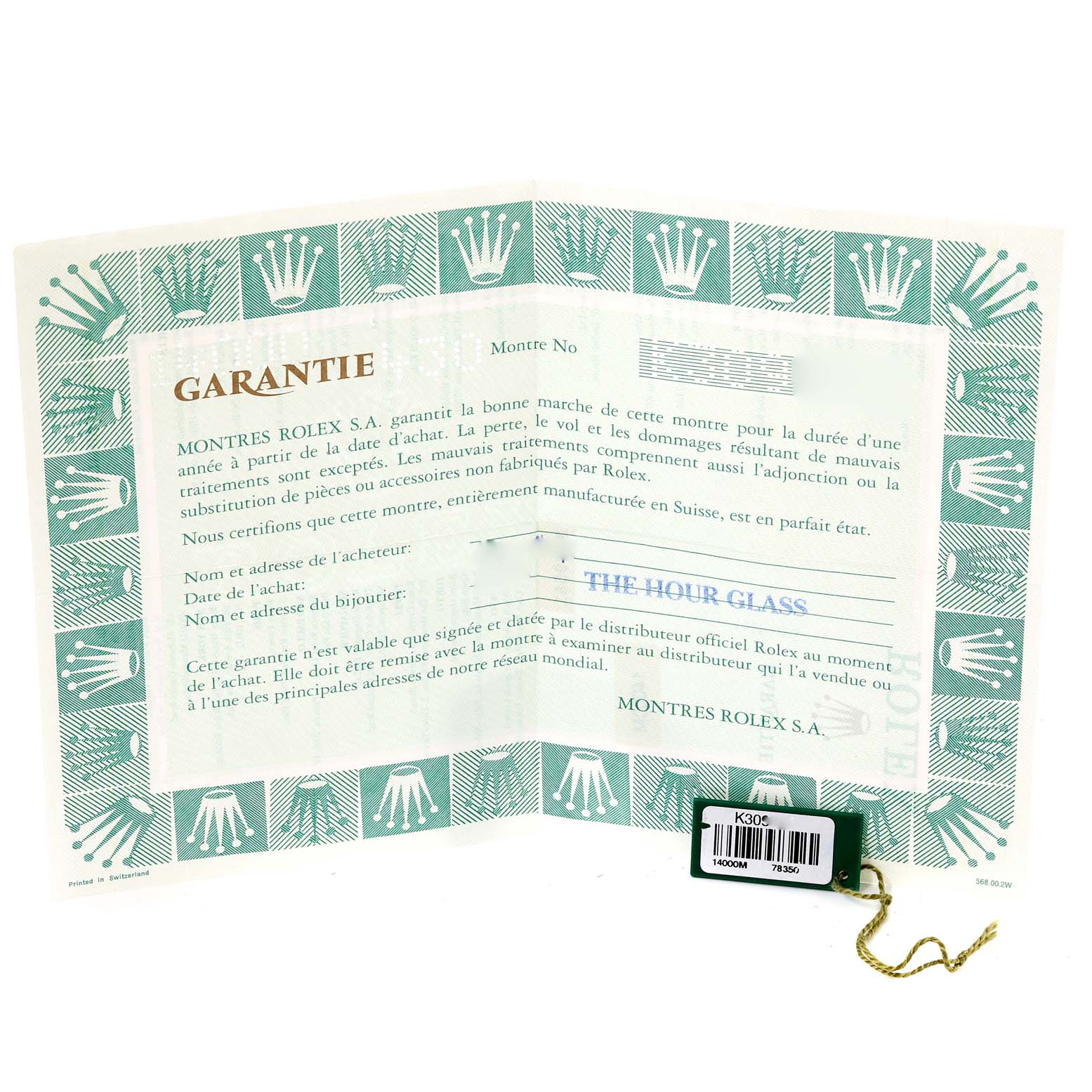 The image shows the warranty certificate for the Air-King model by Rolex, along with a Rolex tag.