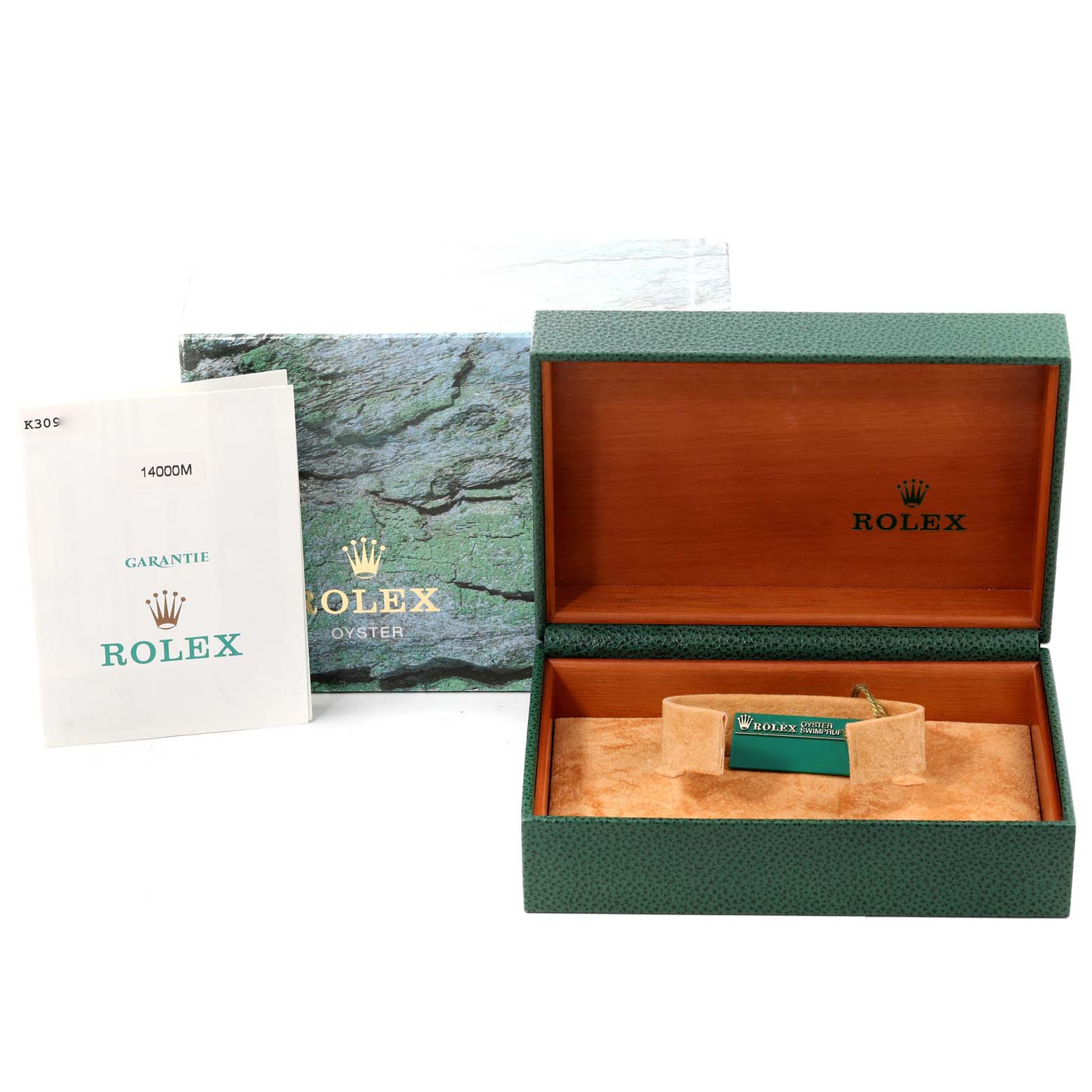 The image shows a Rolex Air-King 14000 Men's Stainless Steel Black Dial 14000 Men's Stainless Steel Black Dial watch box, brochure, and original packaging from a front angle.