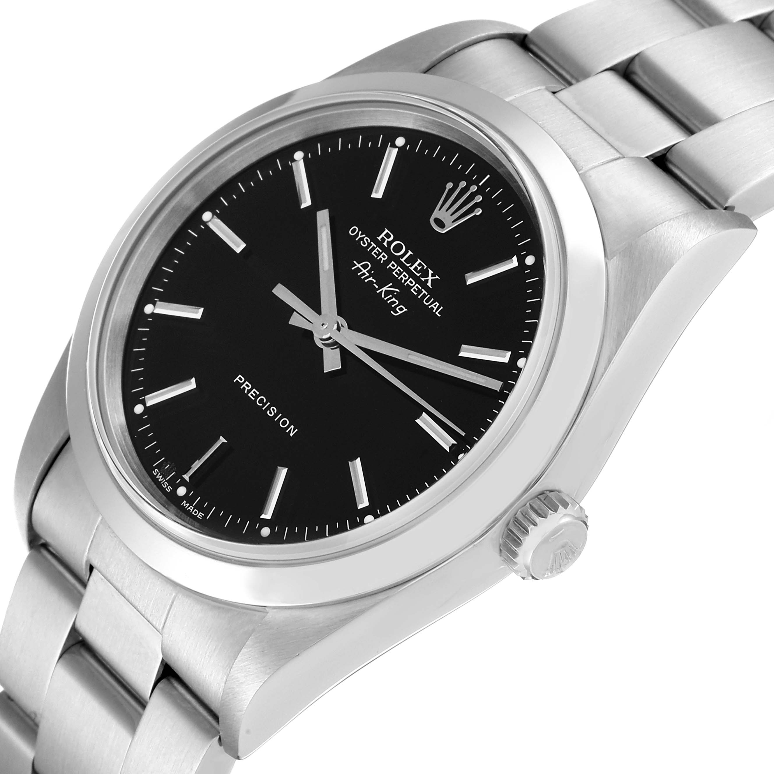 The Rolex Air-King 14000 Men's Stainless Steel Black Dial 14000 Men's Stainless Steel Black Dial watch is shown at a slight angle displaying the dial, bezel, crown, and part of the bracelet.