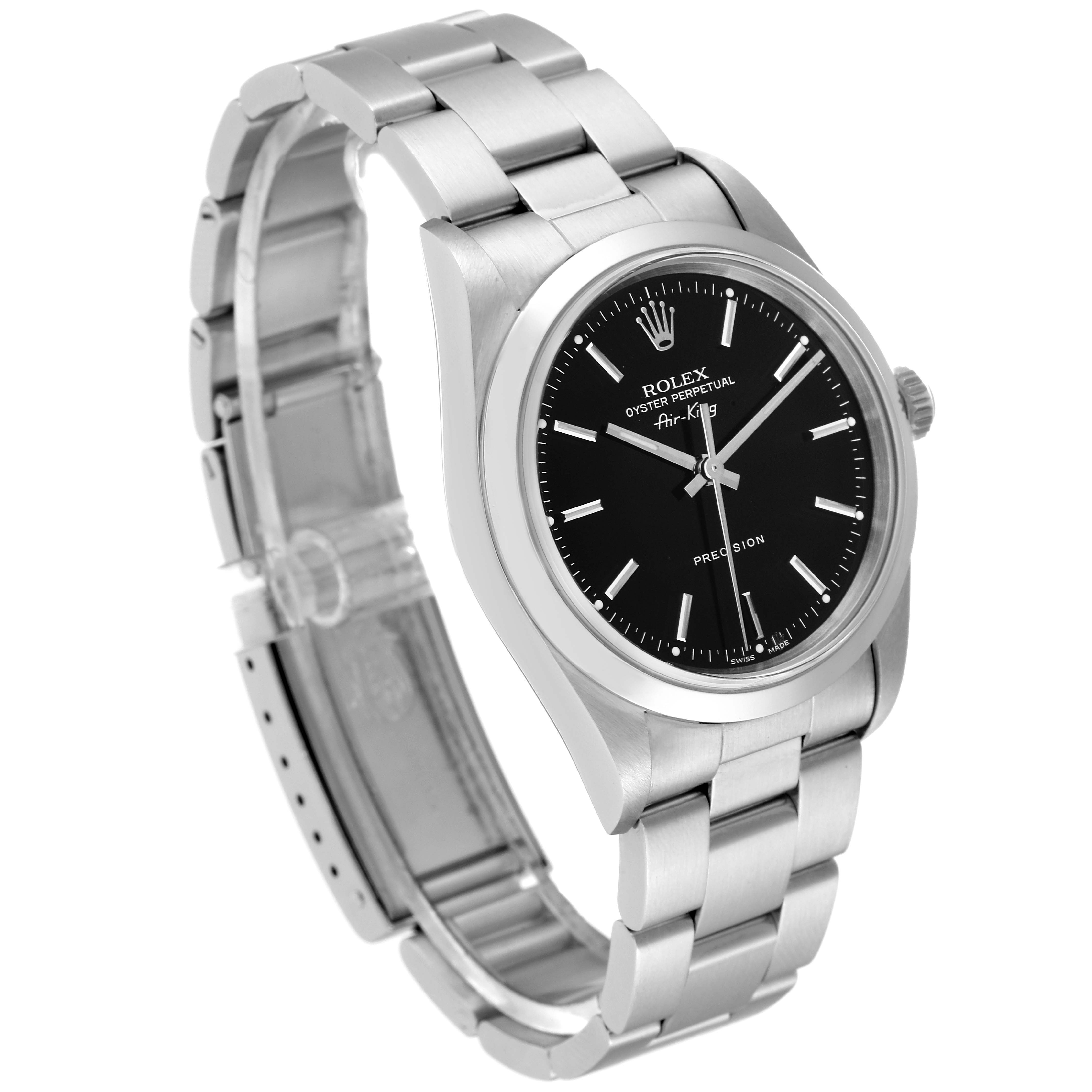 The Rolex Air-King 14000 Men's Stainless Steel Black Dial 14000 Men's Stainless Steel Black Dial watch is shown at a slight angle displaying the face, bezel, and bracelet.