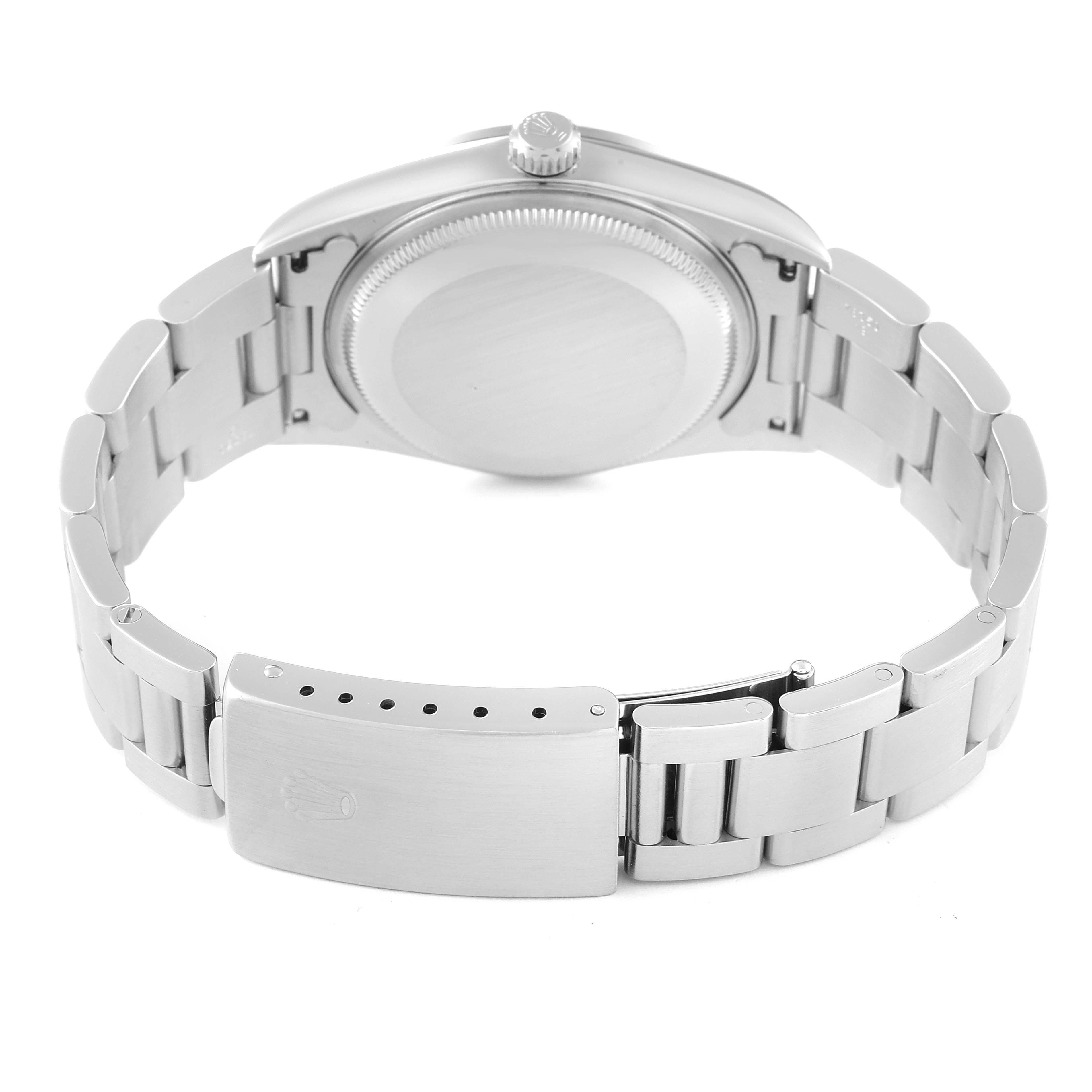 This image shows the back view of the Rolex Air-King 14000 Men's Stainless Steel Blue Dial 14000 Men's Stainless Steel Blue Dial watch, displaying the case back, crown, and bracelet clasp.