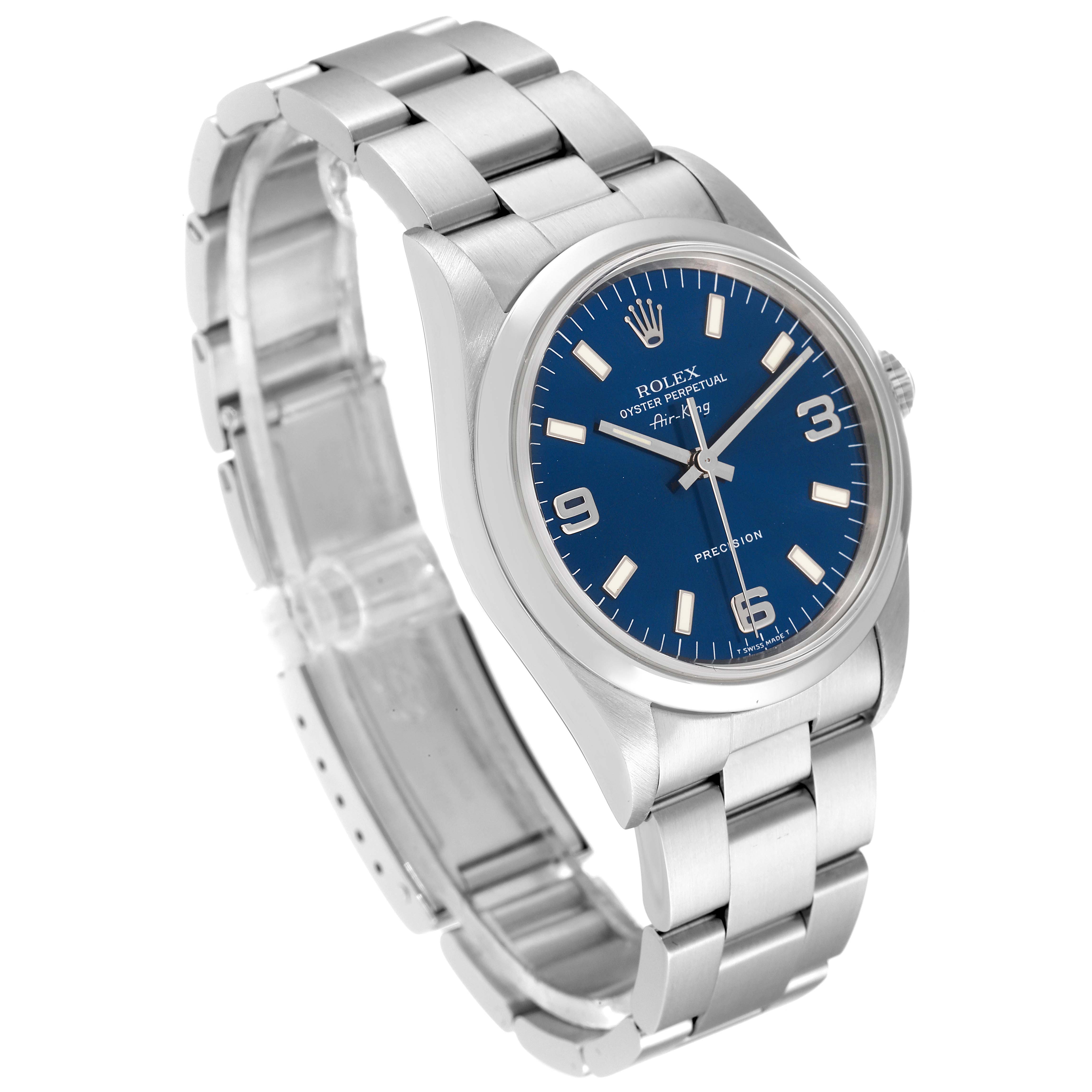 The image shows a side angle of a Rolex Air-King 14000 Men's Stainless Steel Blue Dial 14000 Men's Stainless Steel Blue Dial watch, highlighting its face, bezel, and stainless steel bracelet.