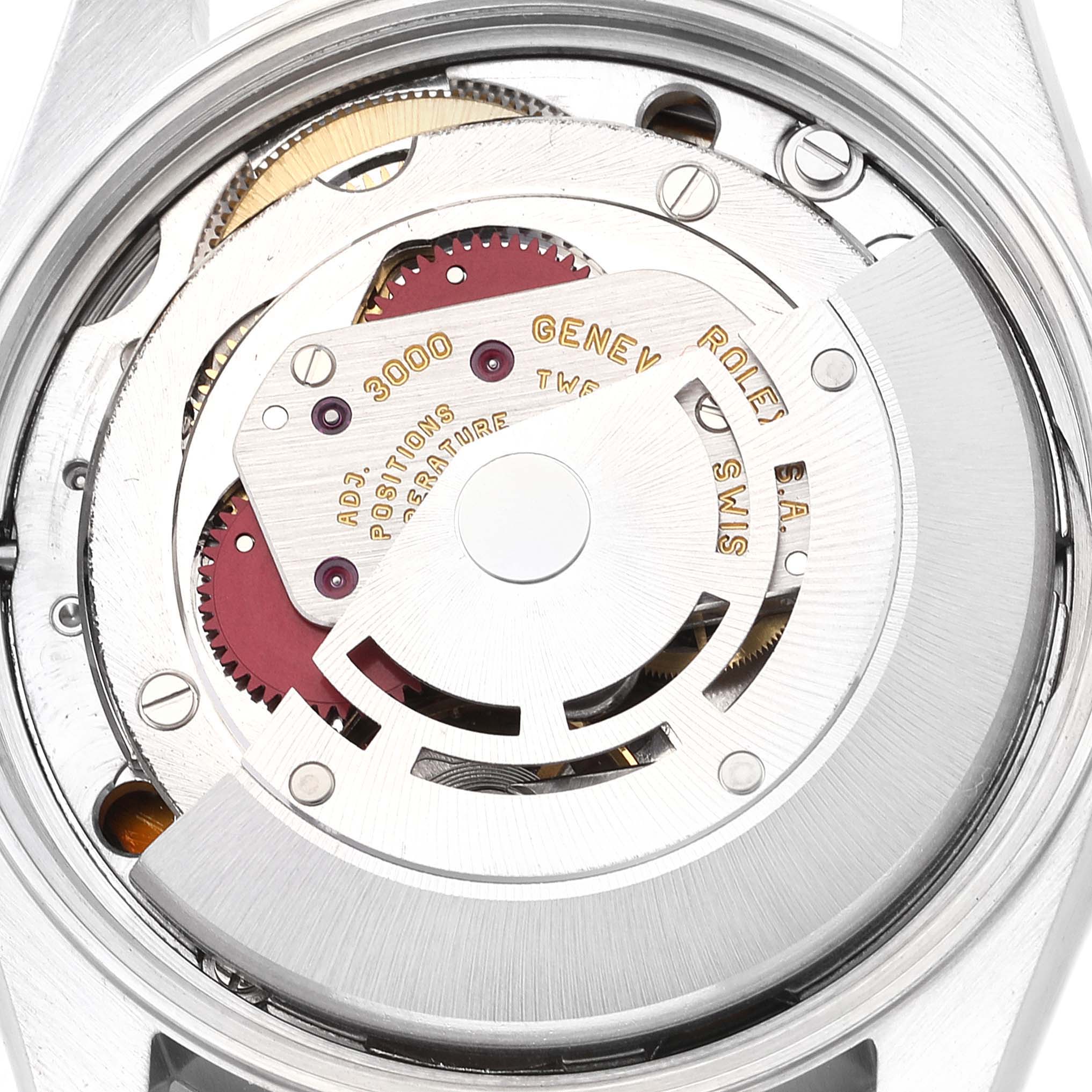 This image shows a close-up of the inner mechanism of a Rolex Air-King 14000 Men's Stainless Steel Blue Dial 14000 Men's Stainless Steel Blue Dial watch viewed from the back.