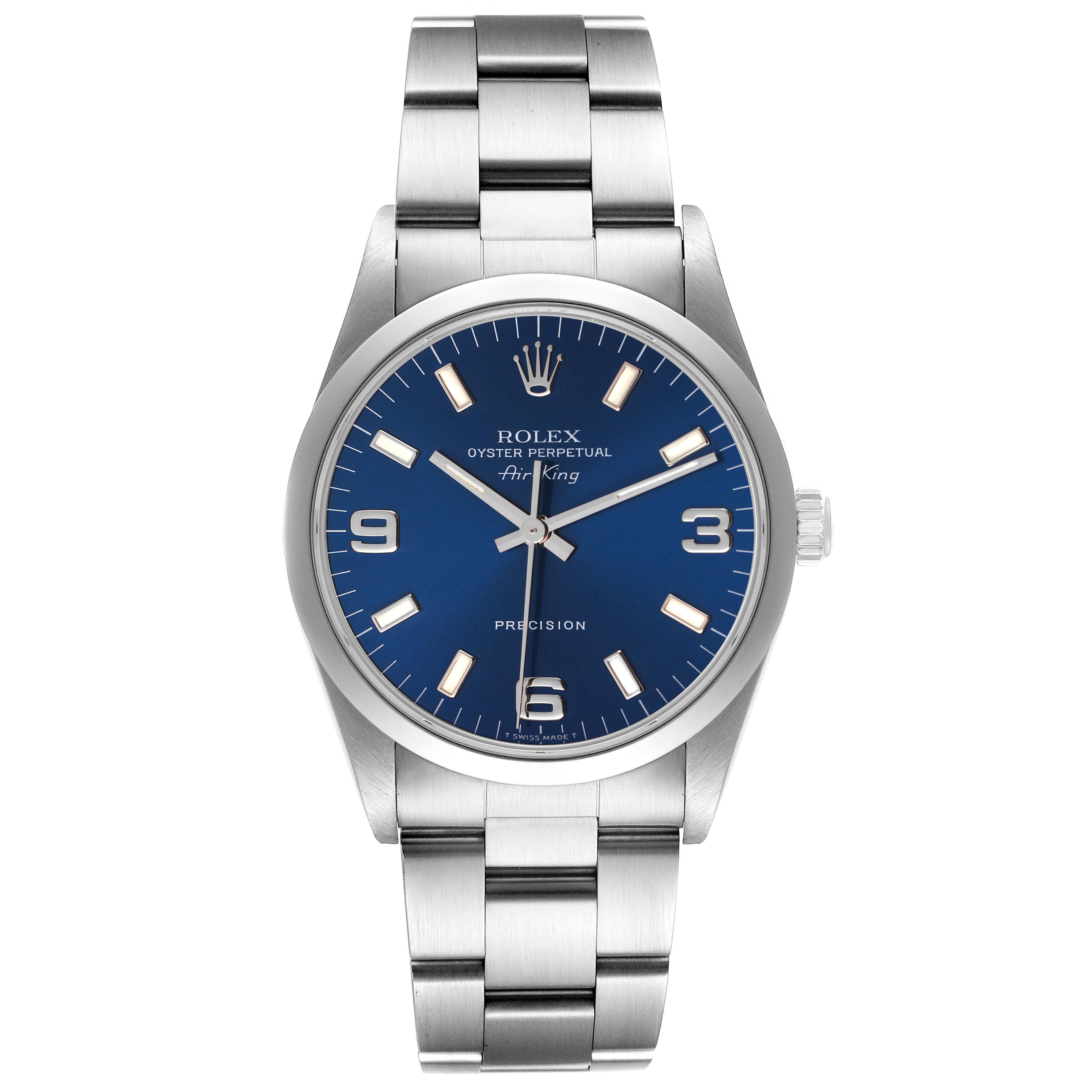 The image shows a front view of a Rolex Air-King 14000 Men's Stainless Steel Blue Dial 14000 Men's Stainless Steel Blue Dial watch, displaying its face, hands, hour markers, and metal bracelet.
