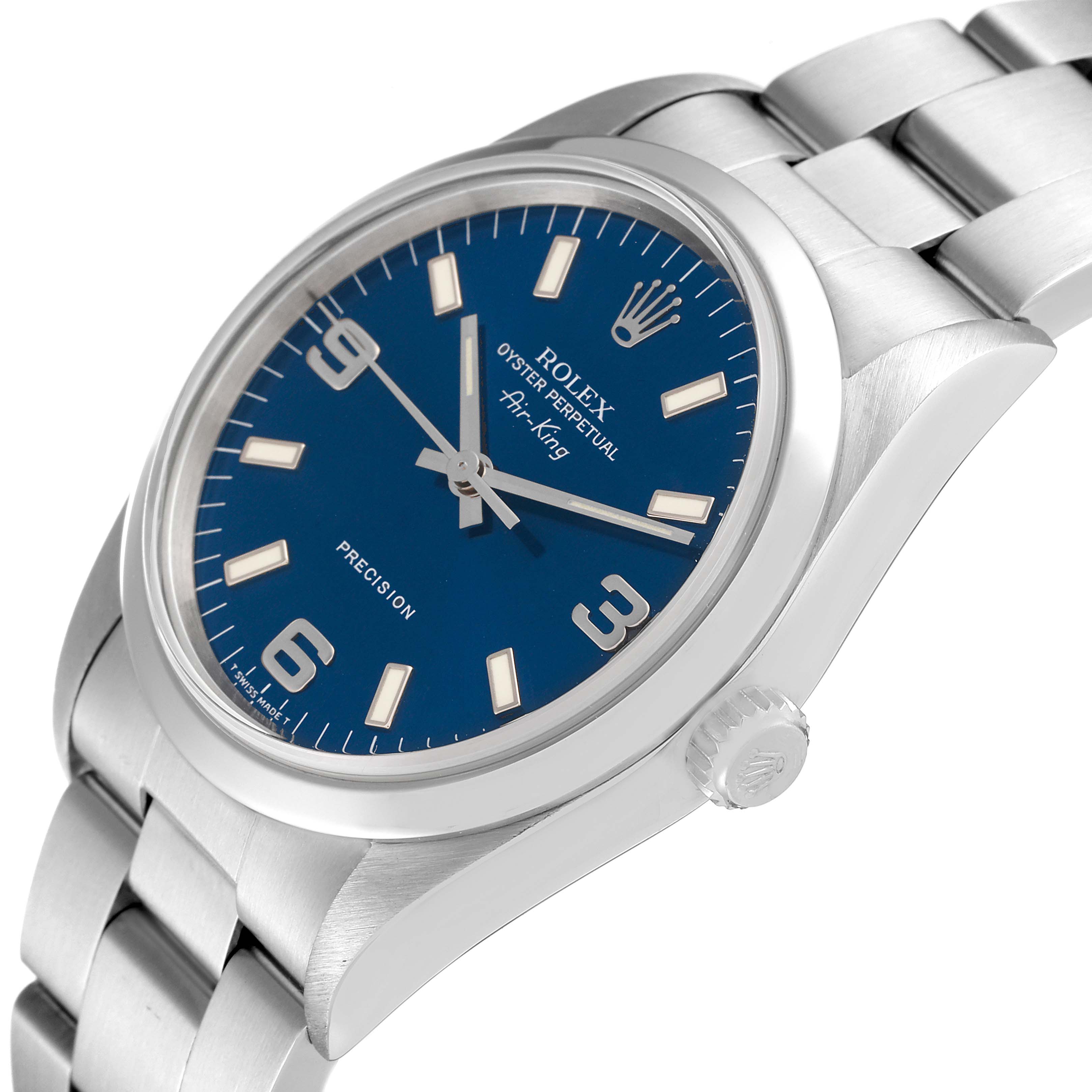 This image shows a Rolex Air-King 14000 Men's Stainless Steel Blue Dial 14000 Men's Stainless Steel Blue Dial watch at a slight angle, highlighting its blue dial, stainless steel bracelet, and crown.