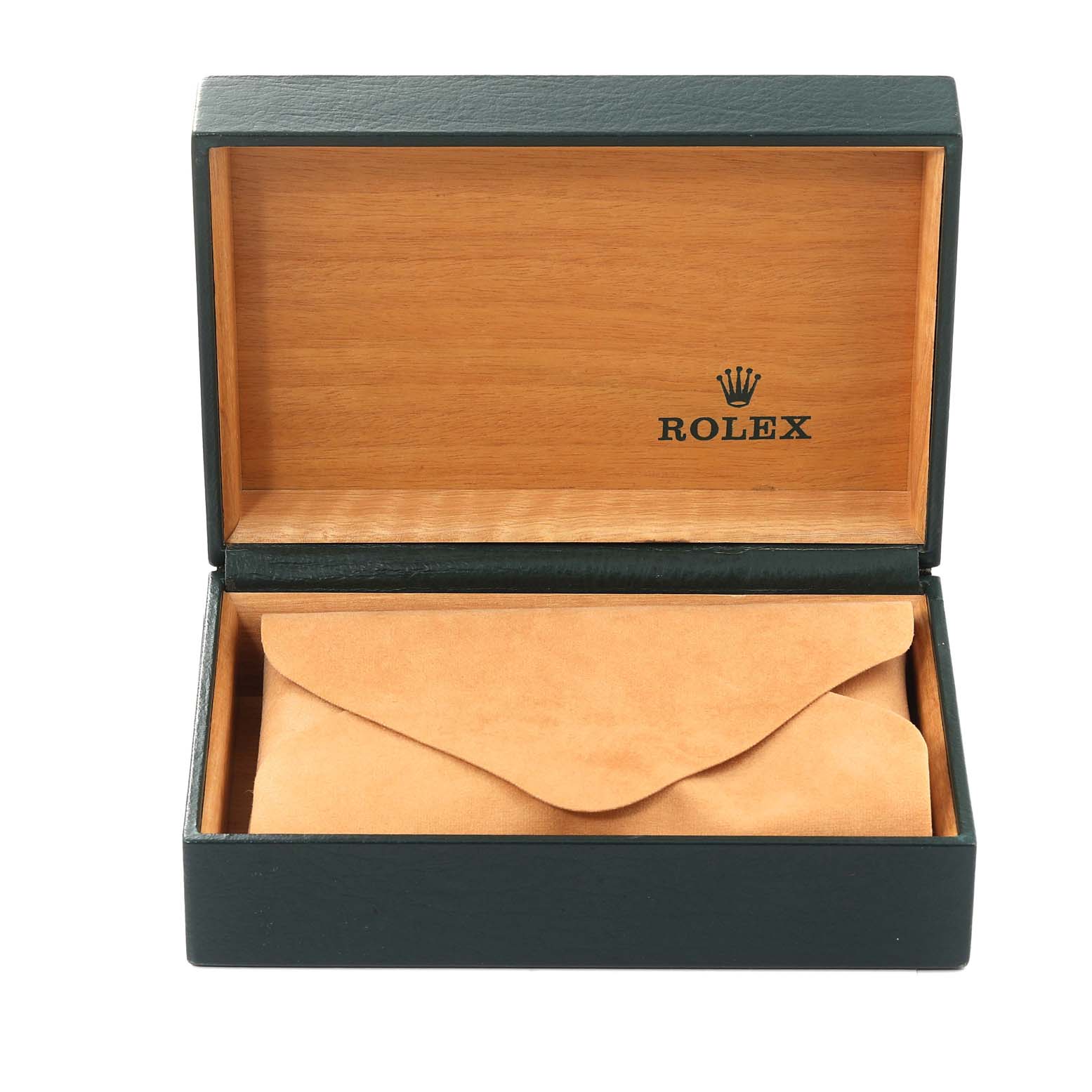 The image shows an open box for an Air-King model by Rolex, containing a tan-colored pouch.