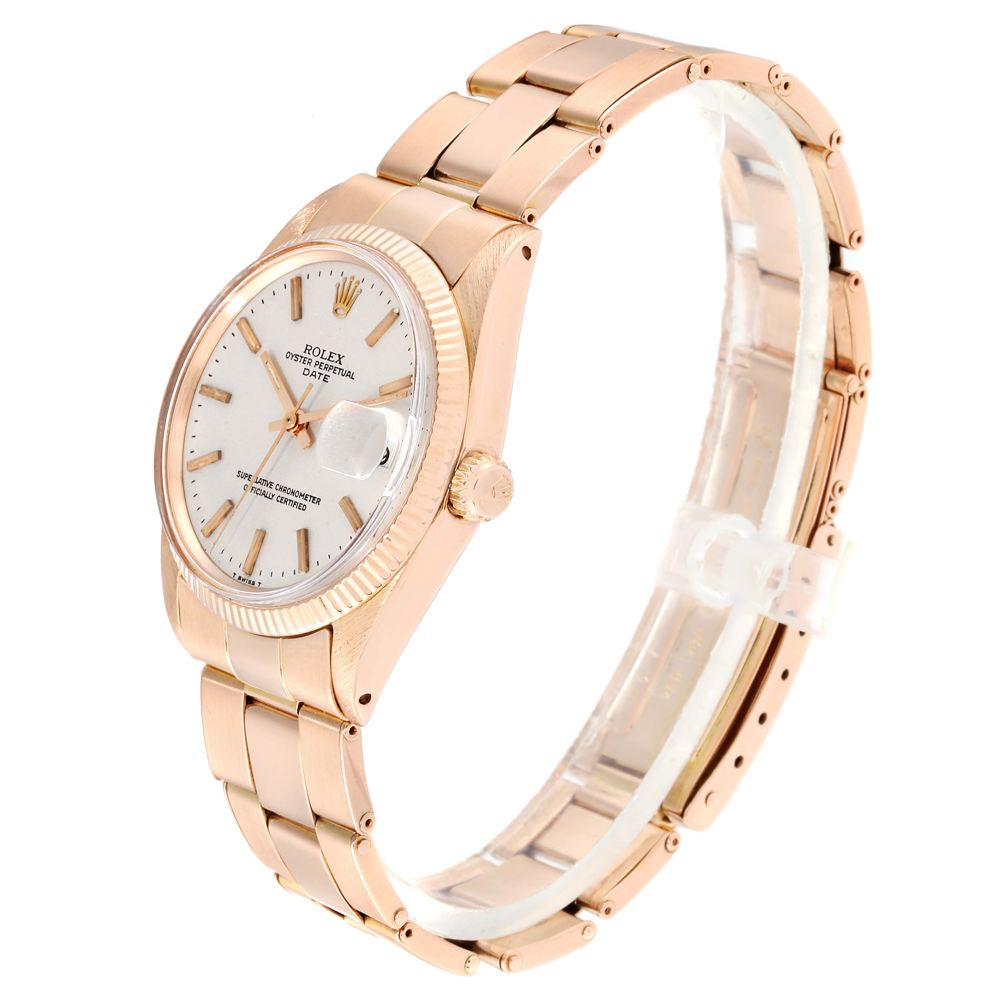 The Rolex Vintage Collection 1503 Men's Rose Gold Silver Dial 1503 Men's Rose Gold Silver Dial model is shown from a three-quarter view, featuring the watch face, bezel, crown, and bracelet.