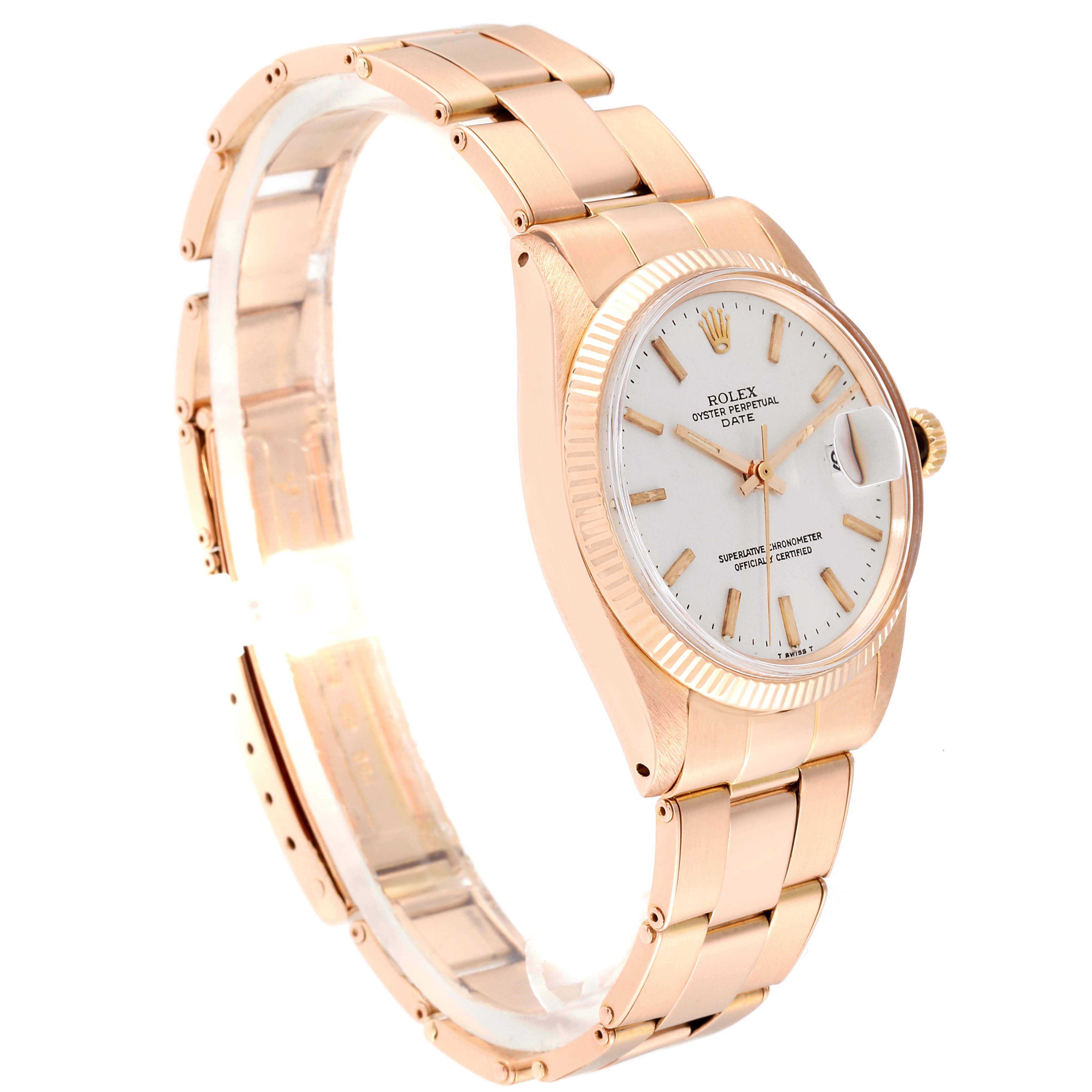 The image shows a side view of a Rolex Vintage Collection 1503 Men's Rose Gold Silver Dial 1503 Men's Rose Gold Silver Dial model watch, featuring the face, band, and bezel.