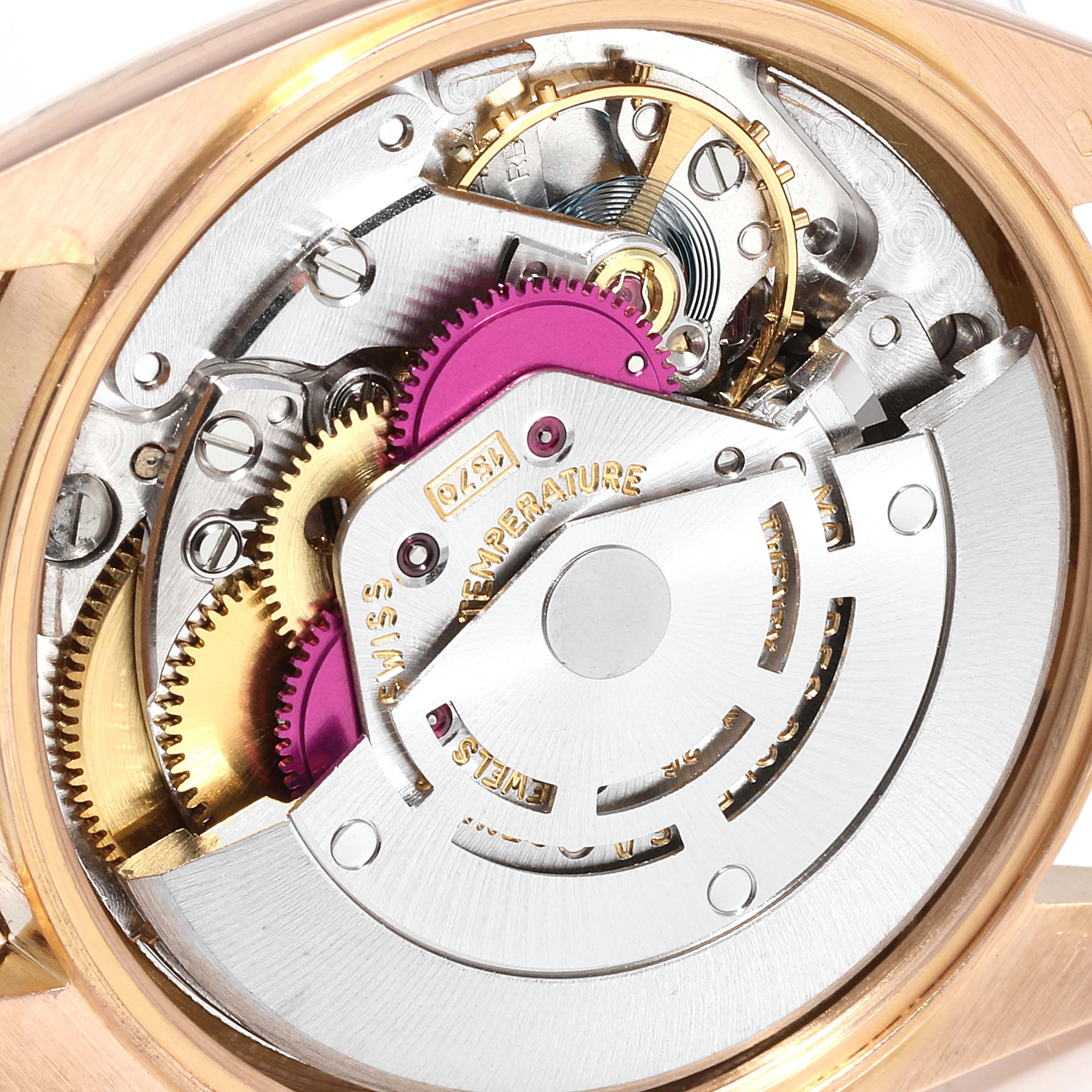This image shows a close-up view of the internal mechanical movement of a Rolex Vintage Collection 1503 Men's Rose Gold Silver Dial 1503 Men's Rose Gold Silver Dial watch.