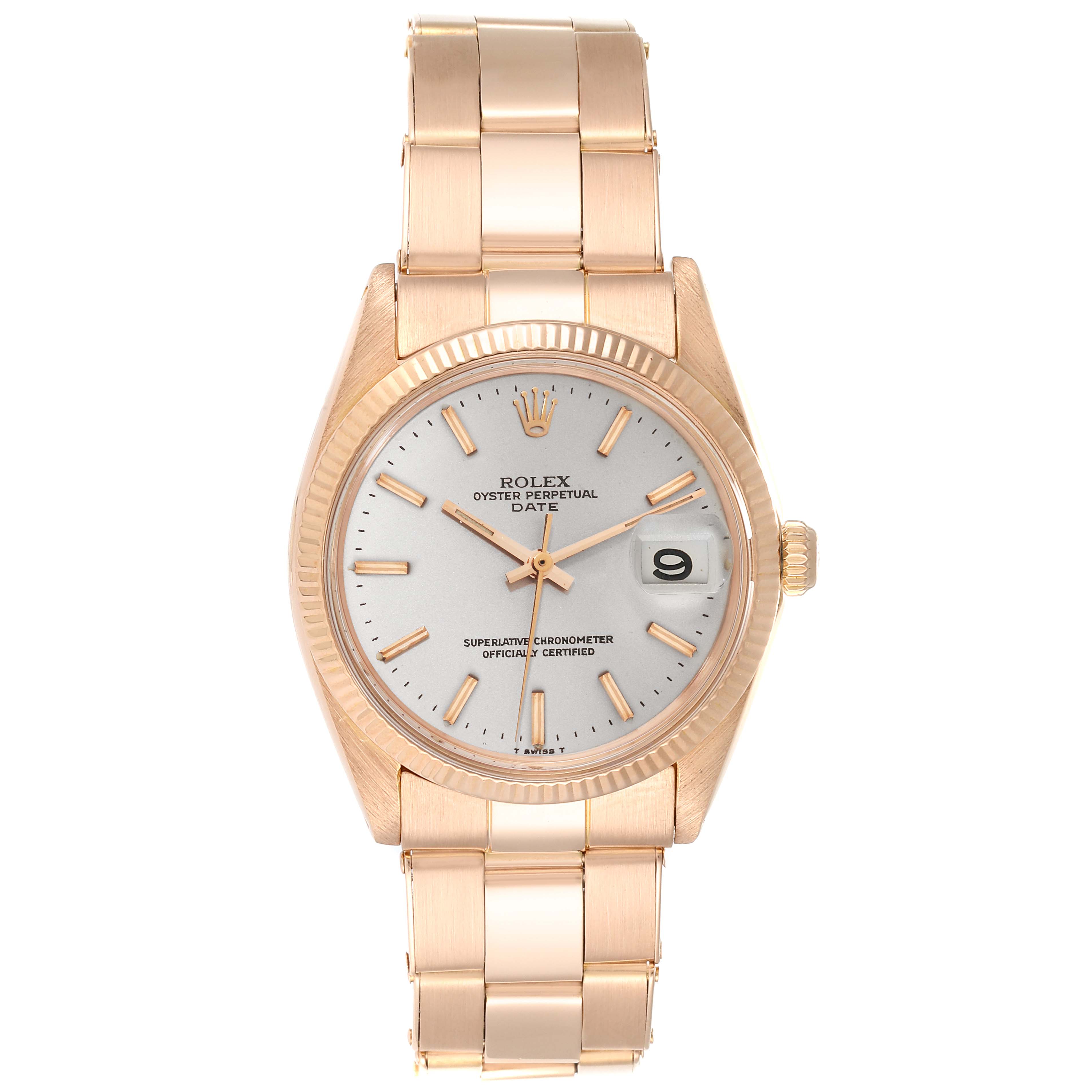 This image shows a front view of a Rolex Vintage Collection 1503 Men's Rose Gold Silver Dial 1503 Men's Rose Gold Silver Dial watch, highlighting the dial, bezel, case, crown, and bracelet.