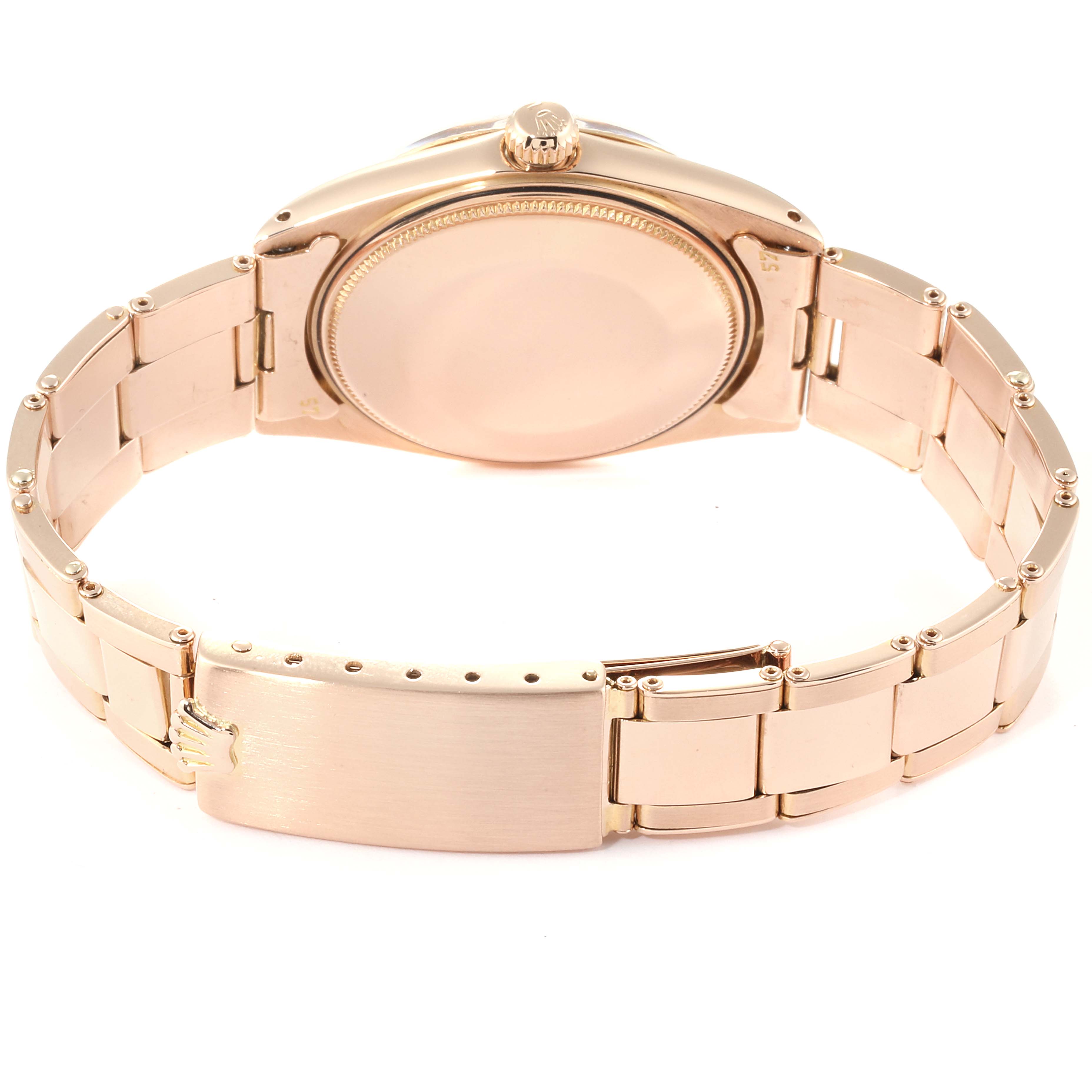 The image shows the backside and full bracelet of the Rolex Vintage Collection 1503 Men's Rose Gold Silver Dial 1503 Men's Rose Gold Silver Dial watch.