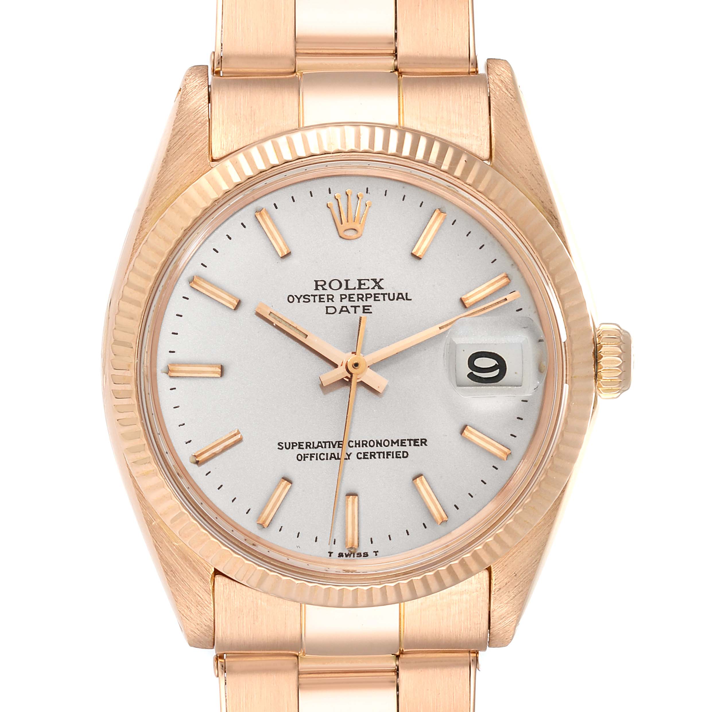 The image shows a front view of the Rolex Vintage Collection 1503 Men's Rose Gold Silver Dial 1503 Men's Rose Gold Silver Dial Oyster Perpetual Date watch, highlighting the dial, hands, bezel, and bracelet.