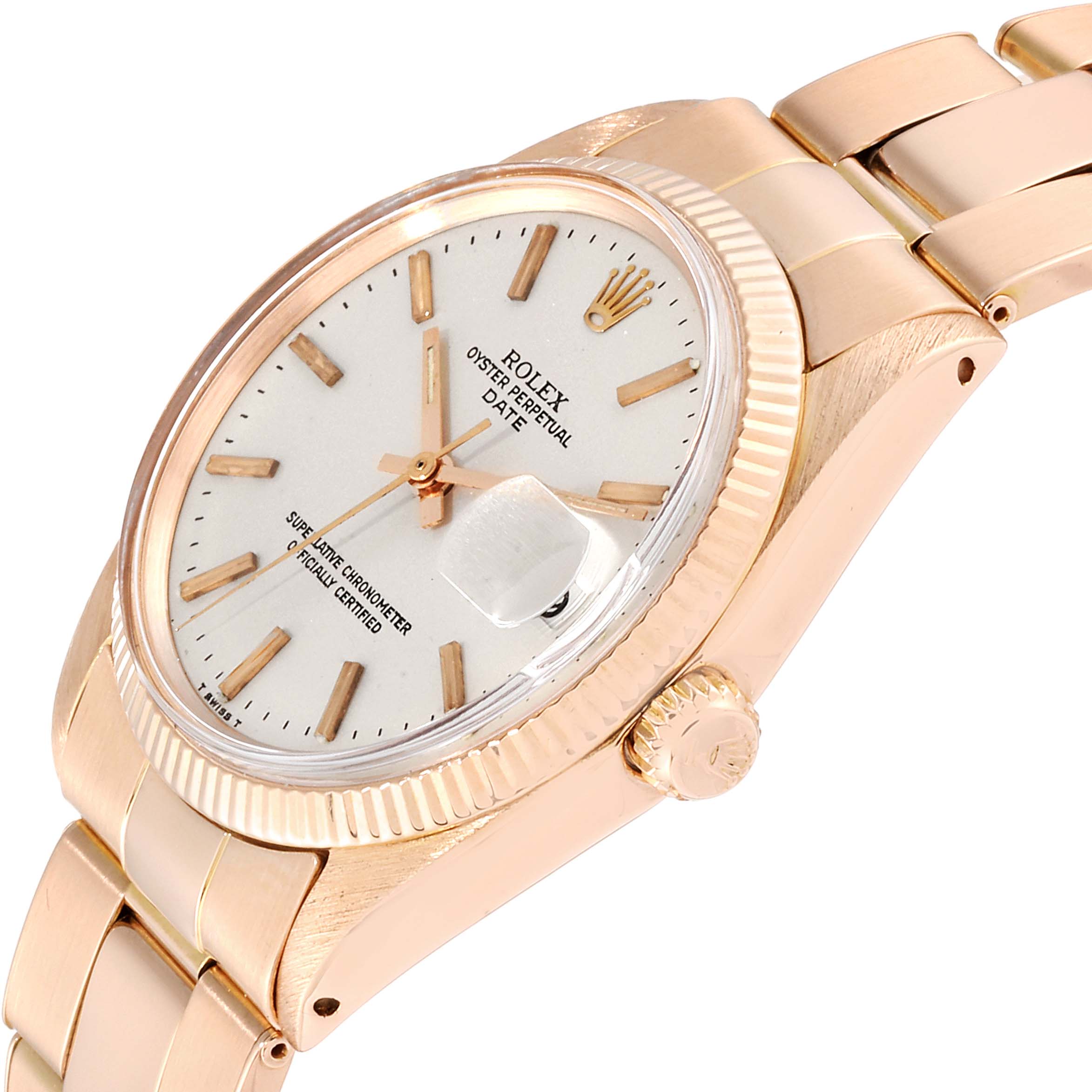 The image shows a Rolex Vintage Collection 1503 Men's Rose Gold Silver Dial 1503 Men's Rose Gold Silver Dial watch at an angled close-up, displaying the dial, crown, and part of the bracelet.