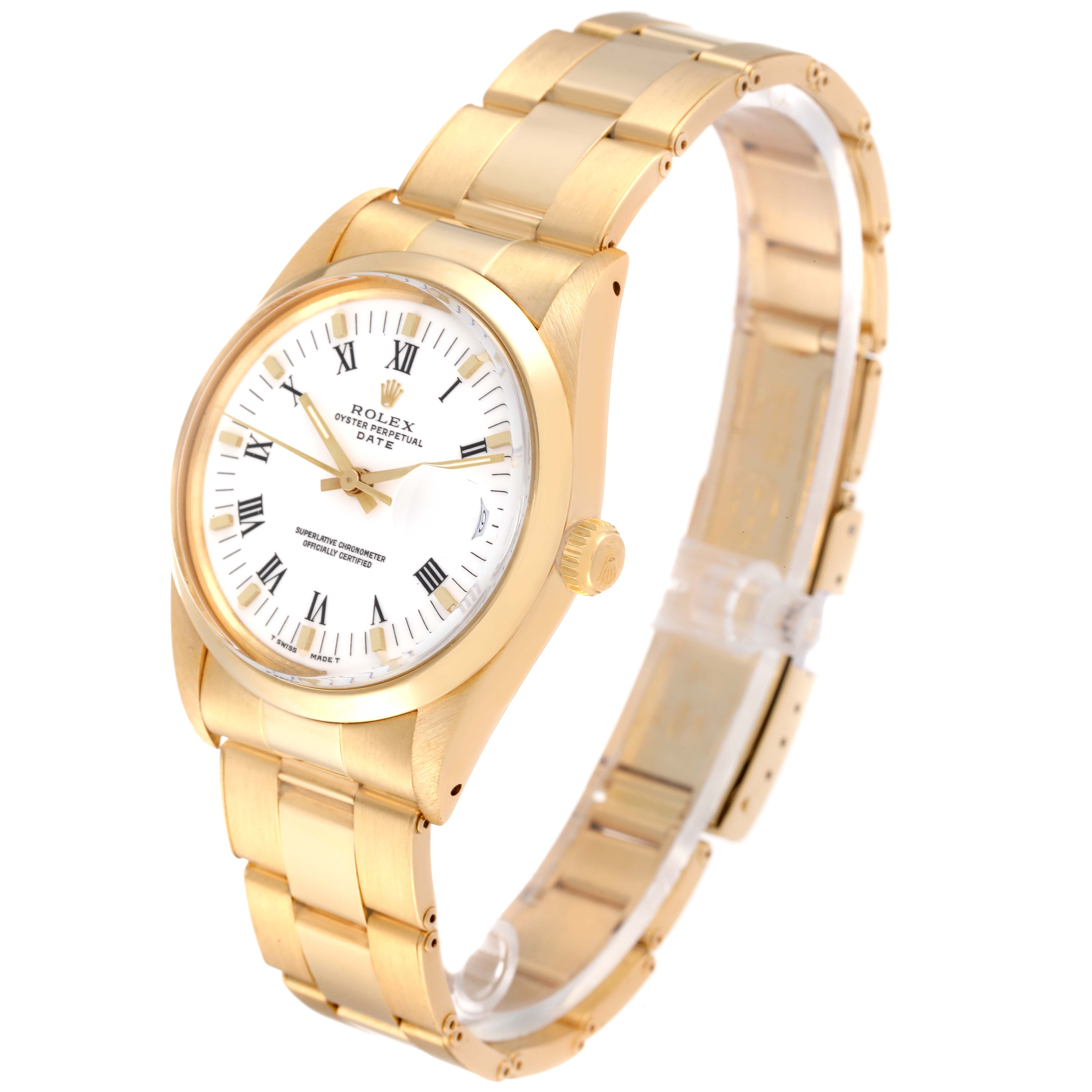 The Rolex Vintage Collection 15008 Men's Yellow Gold White Dial 15008 Men's Yellow Gold White Dial watch is shown at a slight angle, displaying the gold bracelet, white dial, and crown.