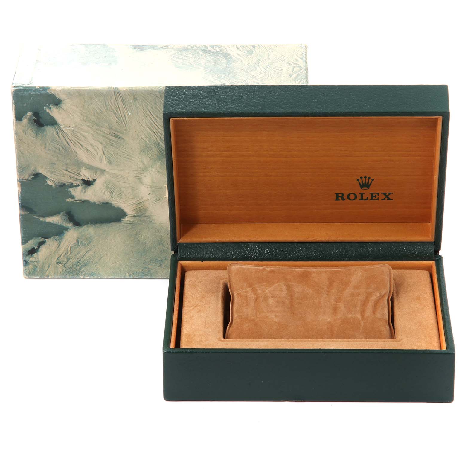 The image shows an open leather and wood box for a Rolex Vintage Collection 15008 Men's Yellow Gold White Dial 15008 Men's Yellow Gold White Dial watch, displaying the interior cushion and brand logo.