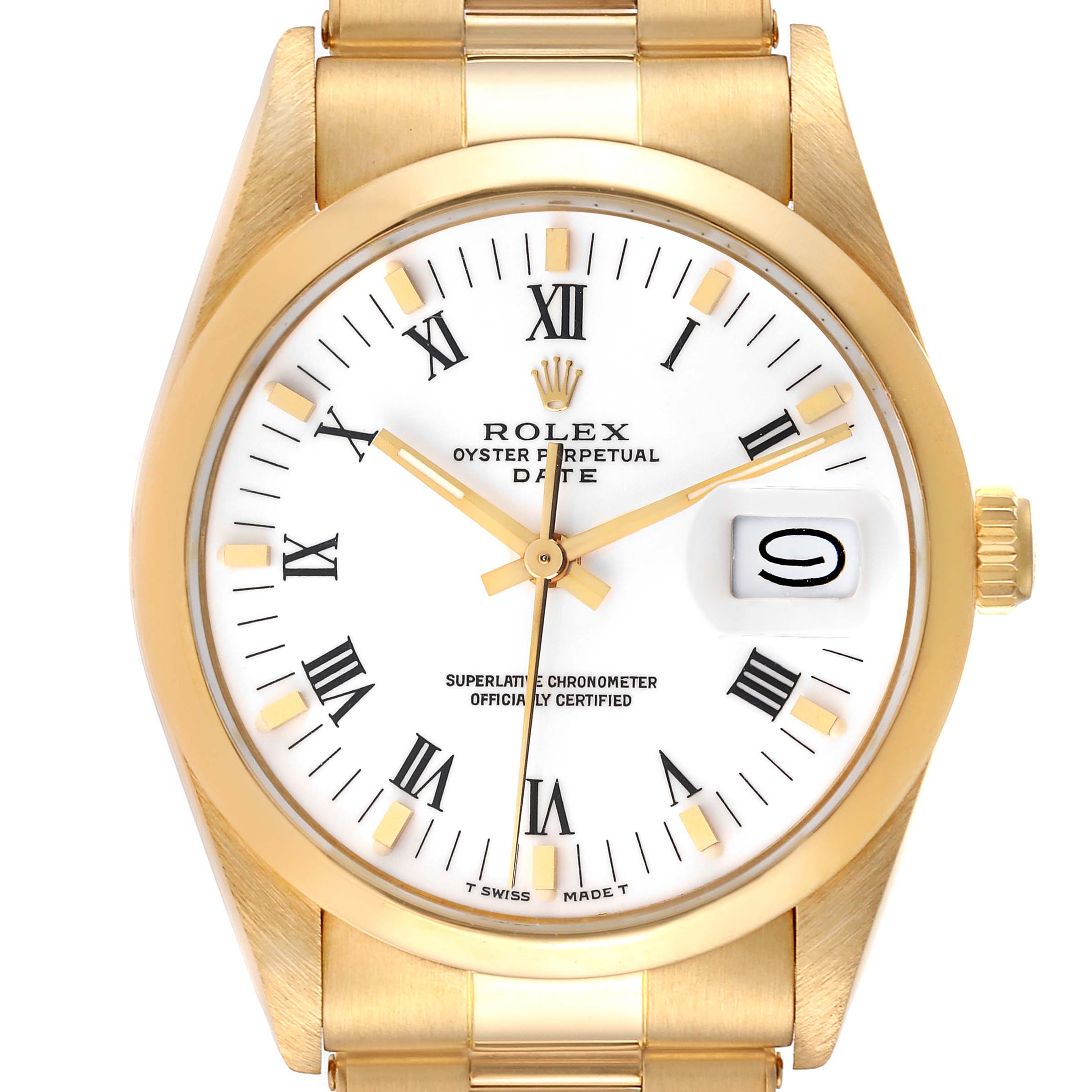 The Rolex Vintage Collection 15008 Men's Yellow Gold White Dial 15008 Men's Yellow Gold White Dial model watch is shown from a front view, highlighting its white dial, Roman numeral markers, and gold-toned casing.
