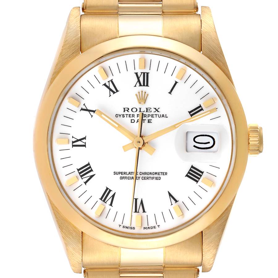 Rolex Date 18k Yellow Gold White Roman Dial Vintage Mens Watch 15008 SwissWatchExpo