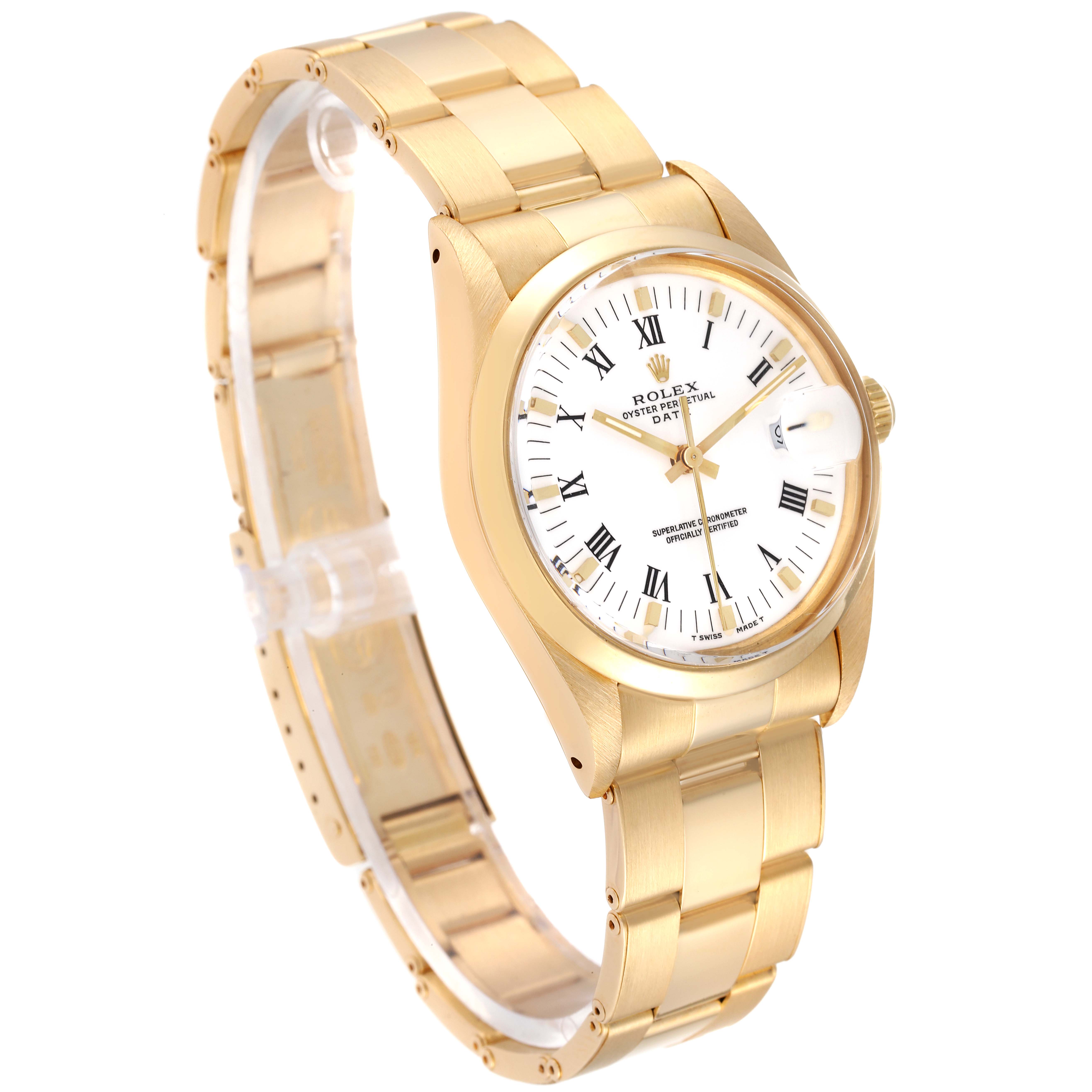 The Rolex Vintage Collection 15008 Men's Yellow Gold White Dial 15008 Men's Yellow Gold White Dial model is shown at a three-quarters angle, displaying the bracelet and white dial with Roman numerals.