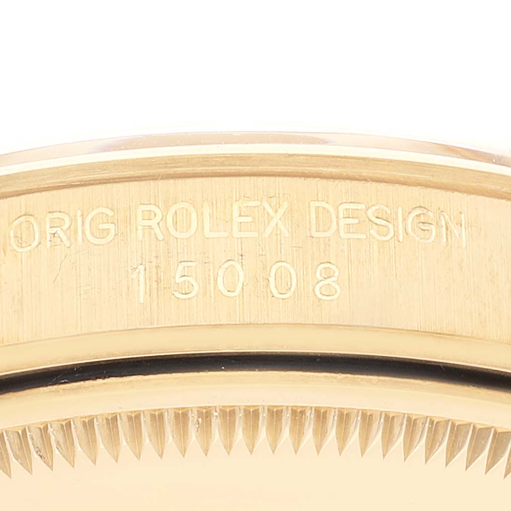 The image shows a close-up view of the case side engravings for the Rolex Vintage Collection 15008 Men's Yellow Gold White Dial 15008 Men's Yellow Gold White Dial model 15008.