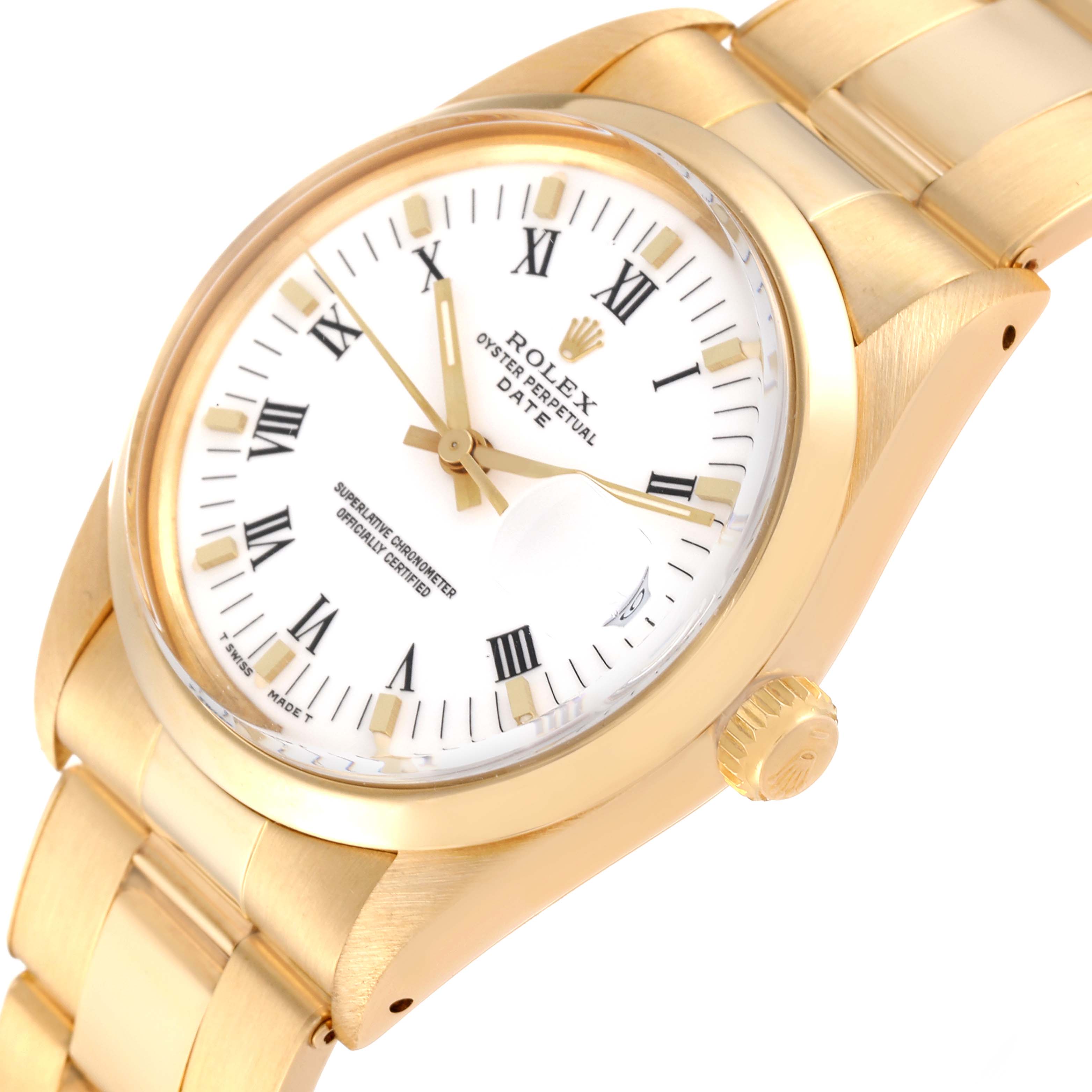 The image shows a close-up angled view of the Rolex Vintage Collection 15008 Men's Yellow Gold White Dial 15008 Men's Yellow Gold White Dial model, featuring its dial, bezel, crown, and bracelet.