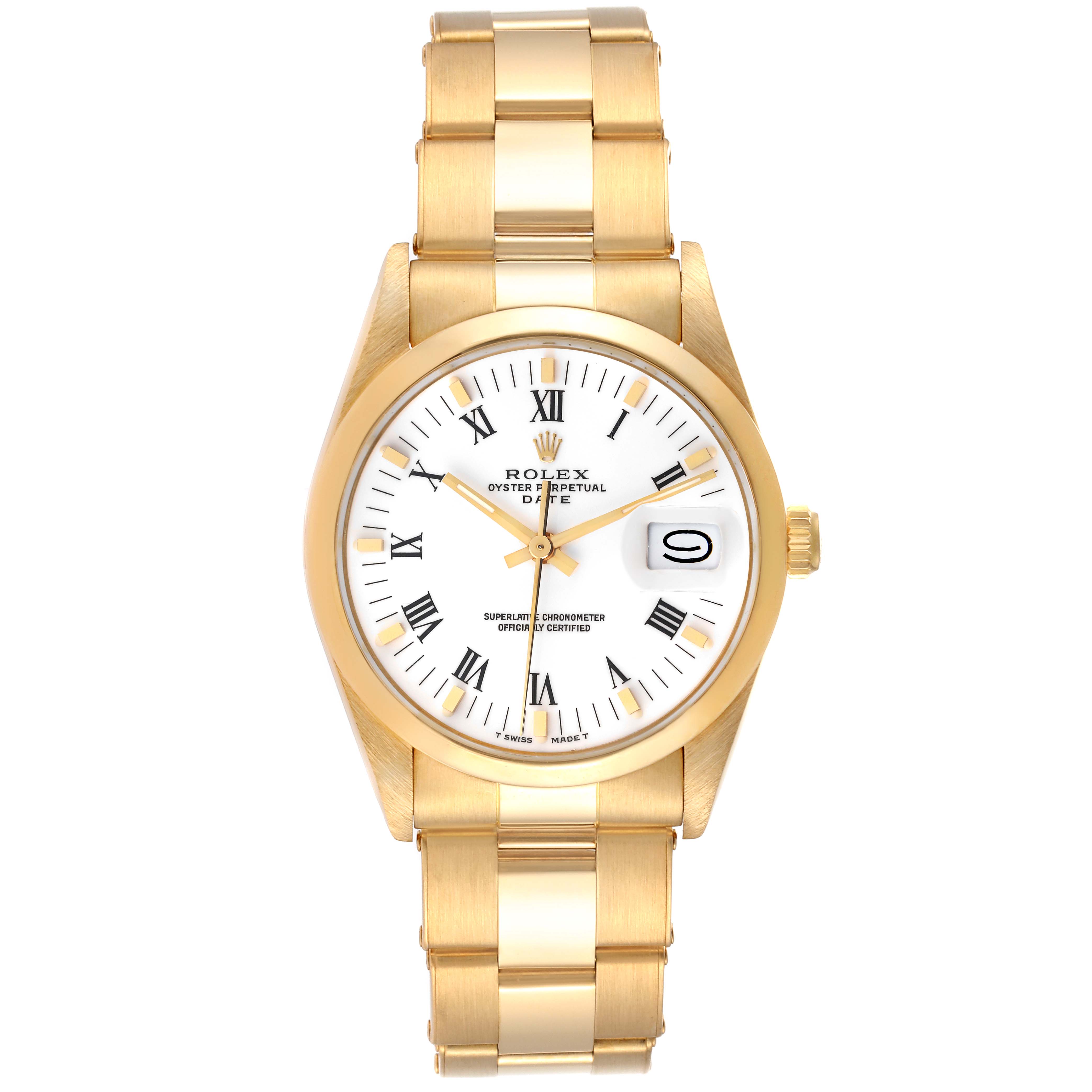 This image shows a frontal view of a Rolex Vintage Collection 15008 Men's Yellow Gold White Dial 15008 Men's Yellow Gold White Dial Oyster Perpetual Date with a gold bracelet and white dial.