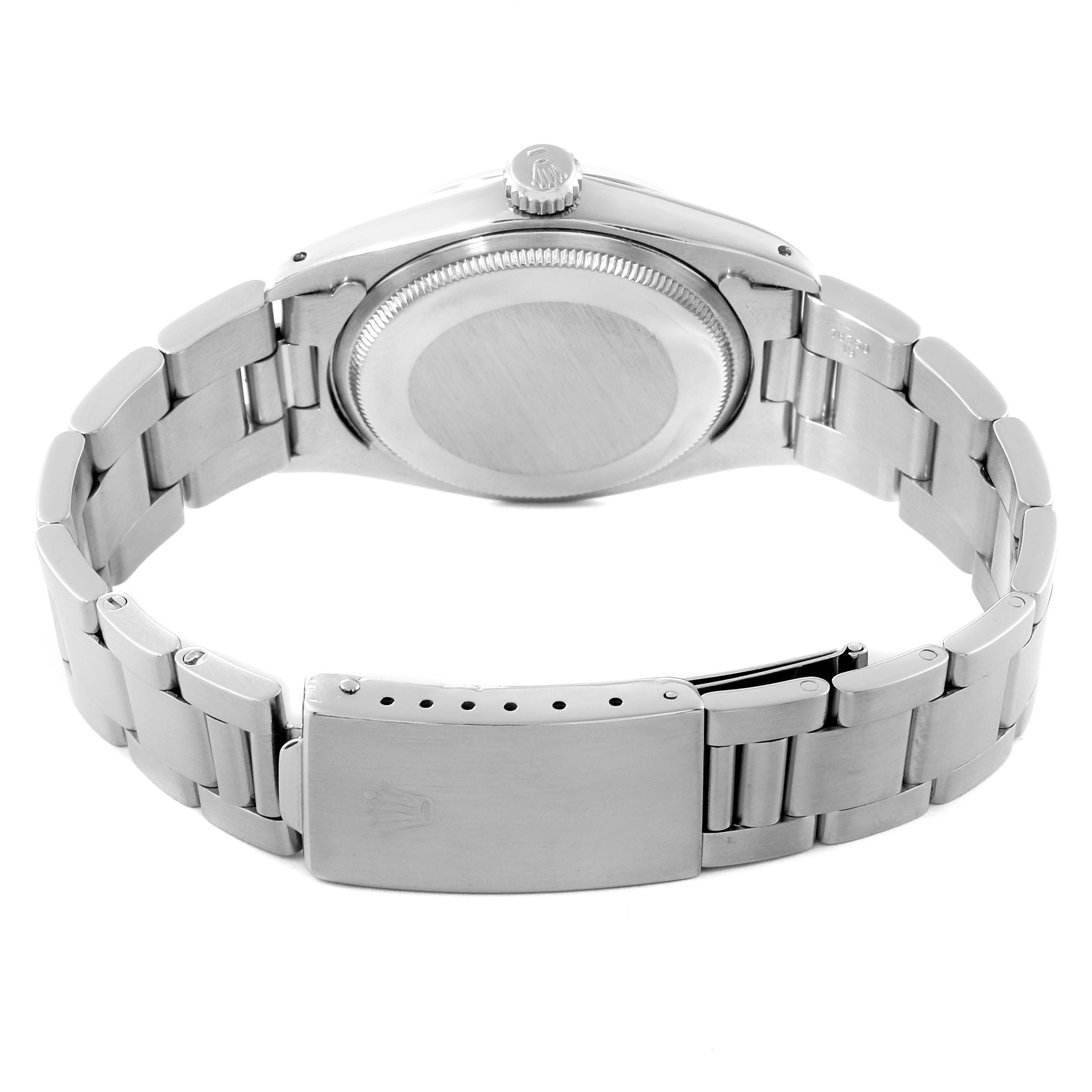 The image shows the back and clasp of the Rolex Vintage Collection 1500 Men's Stainless Steel Black Dial 1500 Men's Stainless Steel Black Dial model watch, featuring the case back, bracelet, and crown.