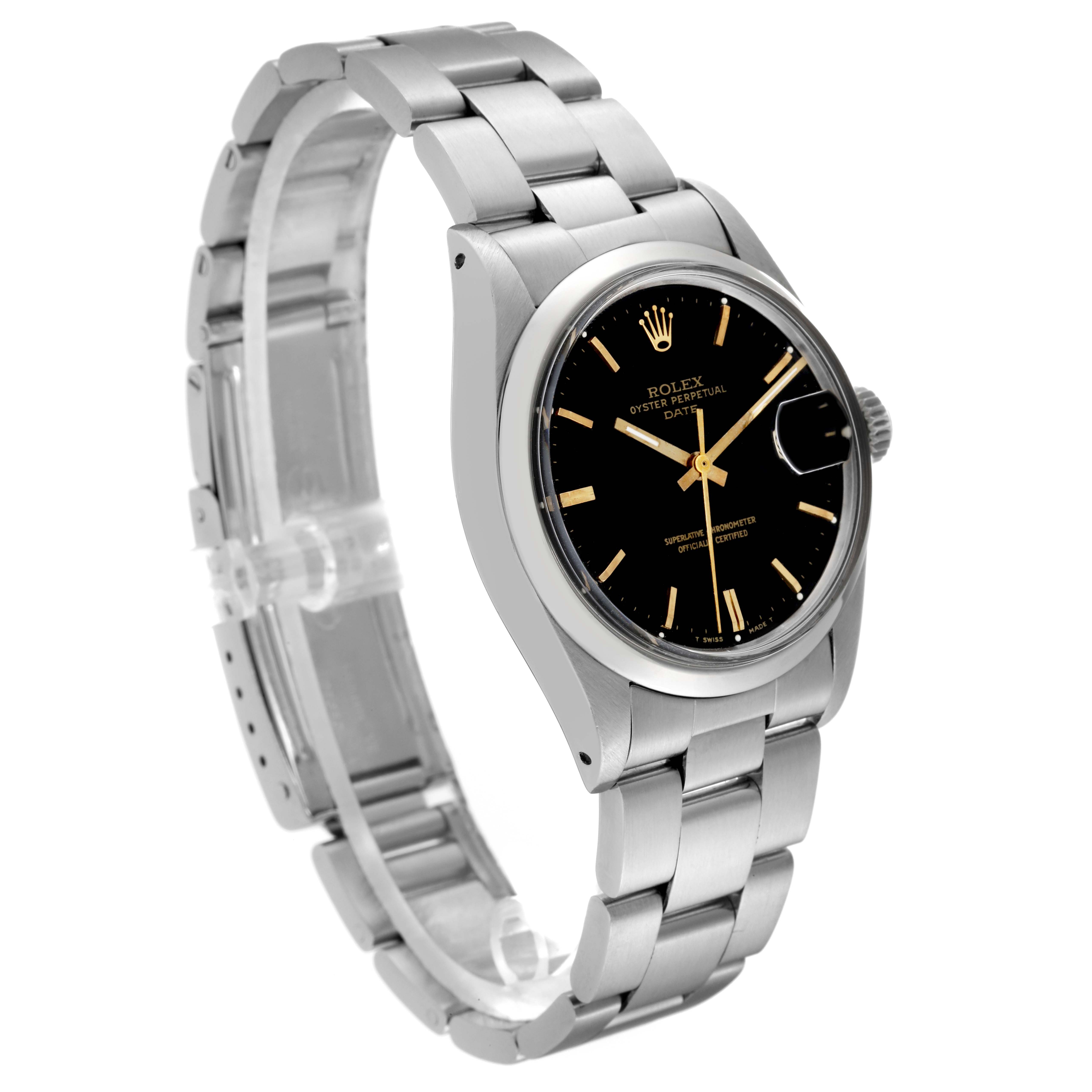 This image shows a side angle of the Rolex Vintage Collection 1500 Men's Stainless Steel Black Dial 1500 Men's Stainless Steel Black Dial Oyster Perpetual Date watch, highlighting the stainless steel bracelet and black dial.