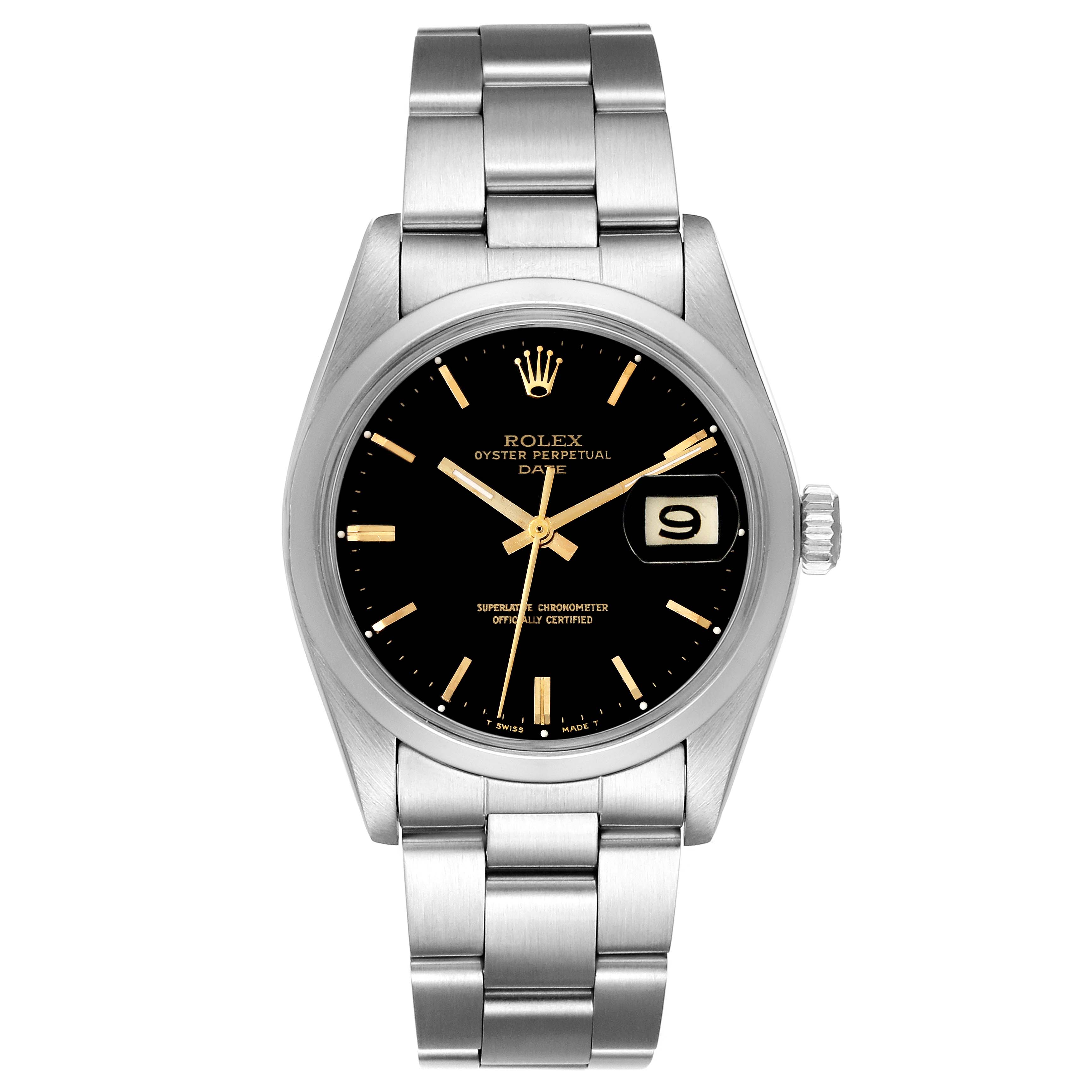 This image shows a Rolex Vintage Collection 1500 Men's Stainless Steel Black Dial 1500 Men's Stainless Steel Black Dial Oyster Perpetual Date watch from a front angle, displaying the dial, bezel, and bracelet.