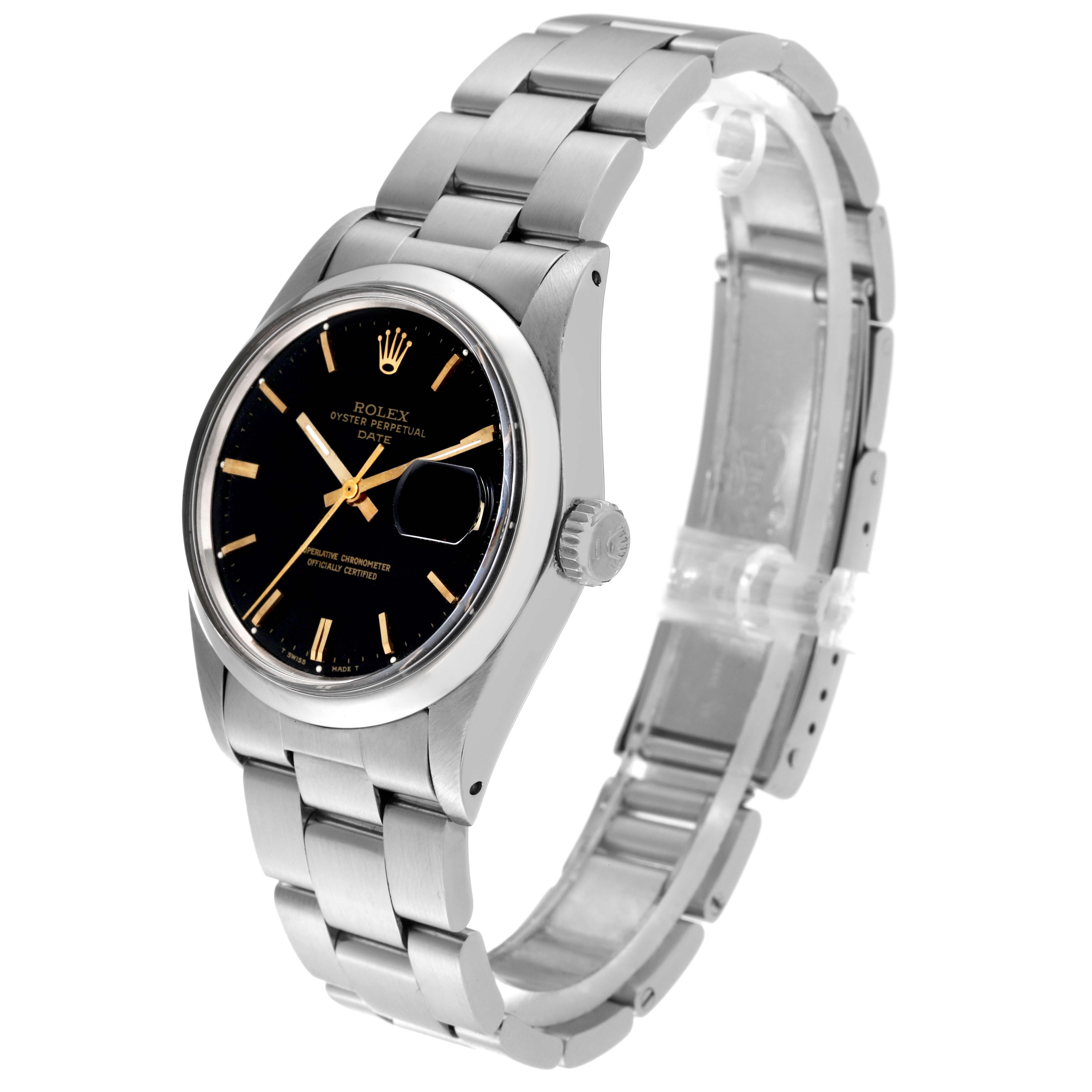 The image shows a Rolex Vintage Collection 1500 Men's Stainless Steel Black Dial 1500 Men's Stainless Steel Black Dial model watch from a side angle, highlighting the face, bracelet, crown, and clasp.