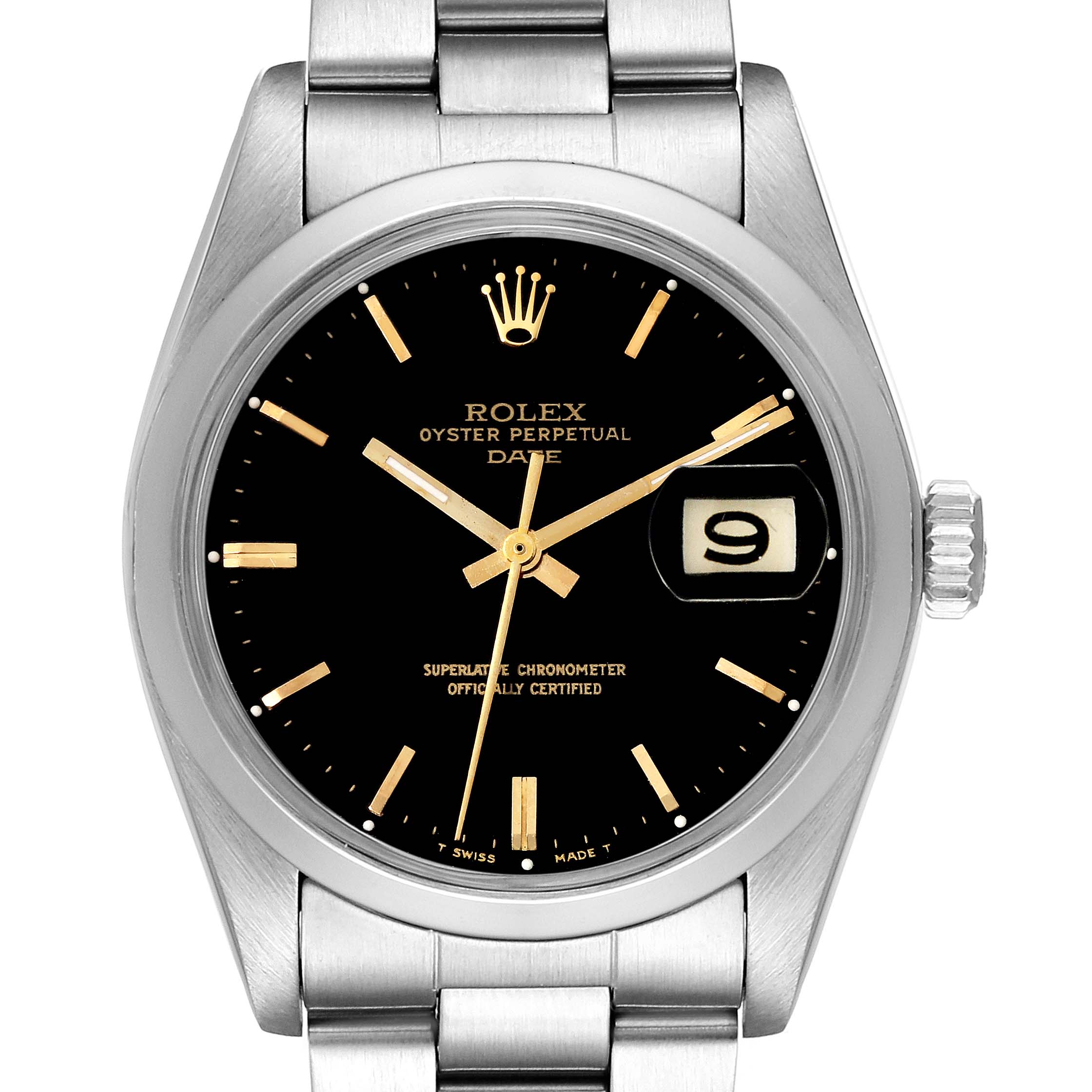 The image shows a front view of the Rolex Vintage Collection 1500 Men's Stainless Steel Black Dial 1500 Men's Stainless Steel Black Dial watch, highlighting the face, bezel, and part of the bracelet.