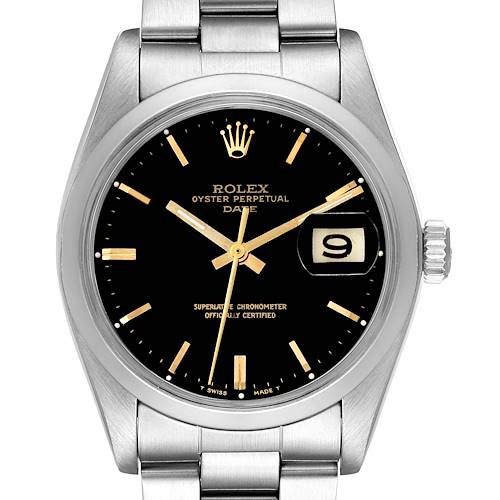 The image shows a front view of the Rolex Vintage Collection watch, highlighting its black dial, date display, and stainless steel bracelet.