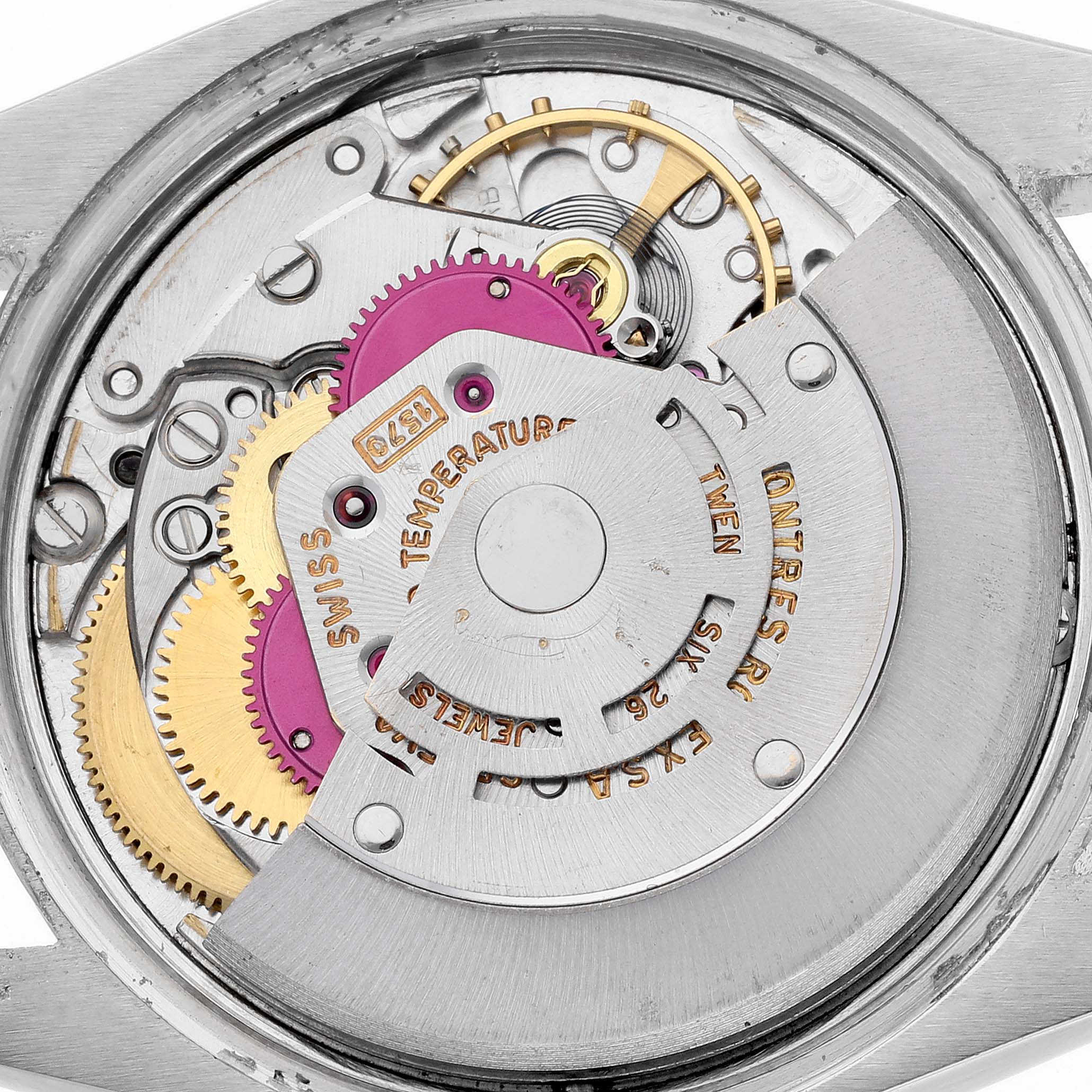 This image shows the internal movement mechanism of the Vintage Collection model by Rolex from a top-down angle.