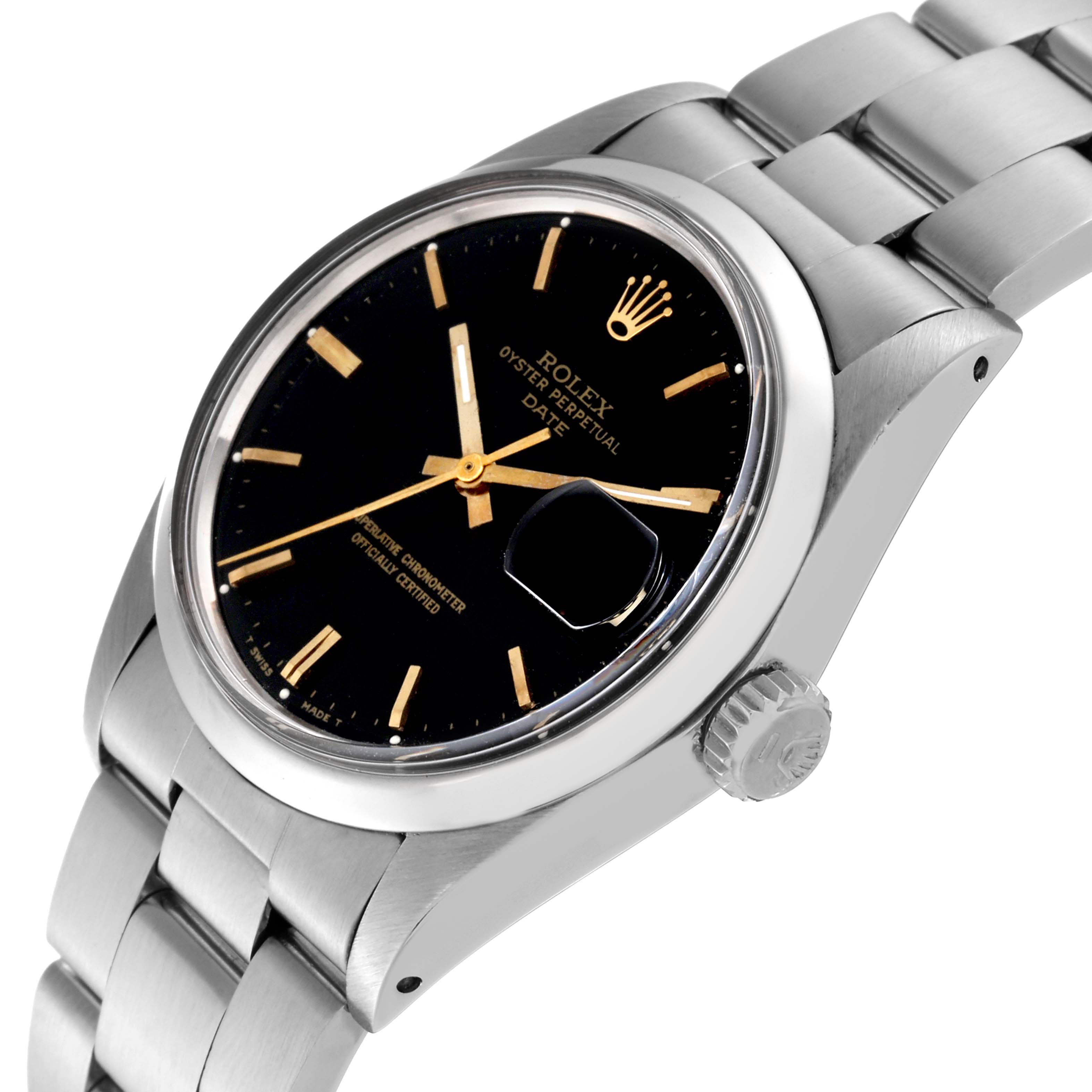 The image shows a Rolex Vintage Collection 1500 Men's Stainless Steel Black Dial 1500 Men's Stainless Steel Black Dial watch angled to display its face, case, crown, and bracelet.