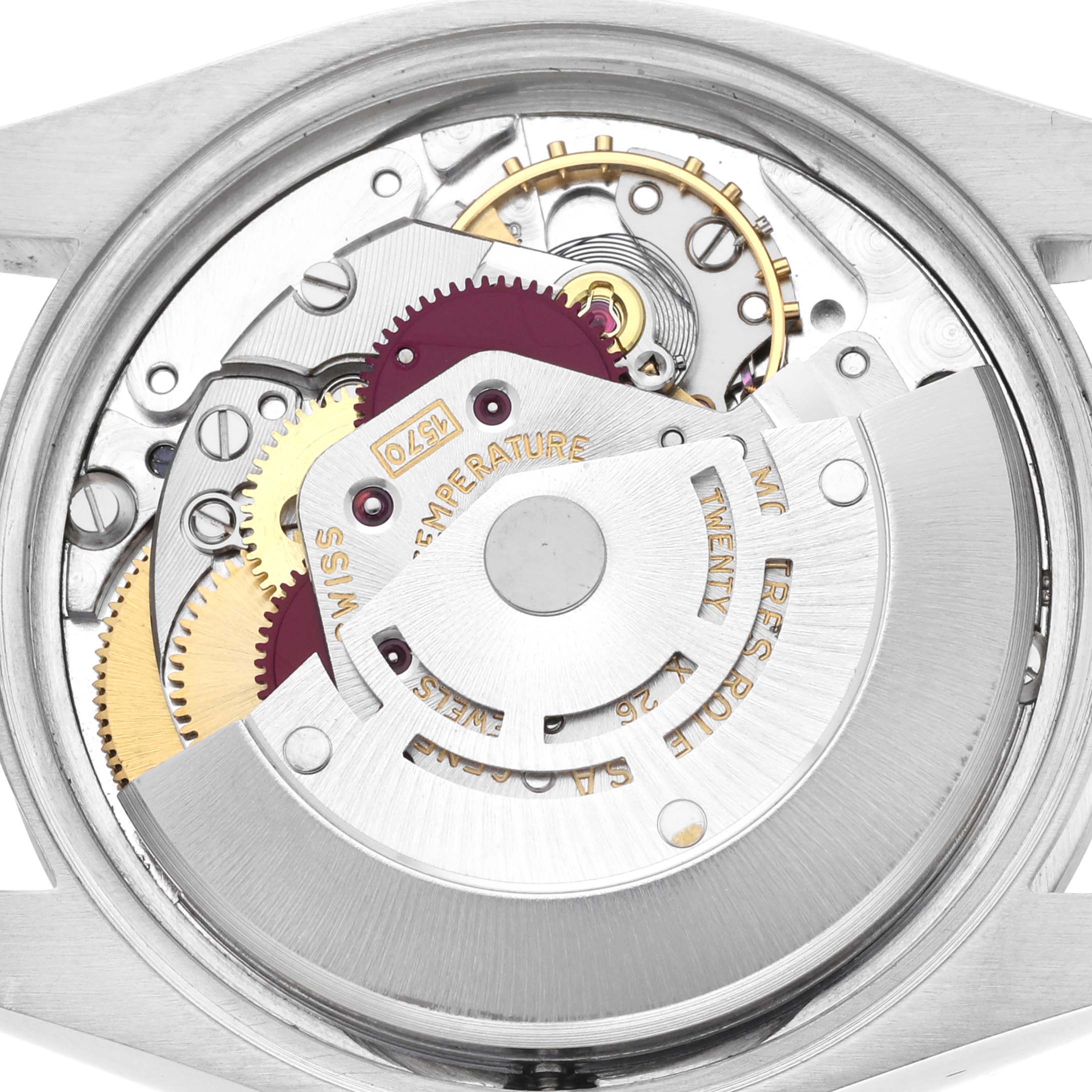 This image shows the internal mechanism and movement components of a Rolex Vintage Collection 1500 Men's Stainless Steel Blue Dial 1500 Men's Stainless Steel Blue Dial watch from a close-up, rear angle.