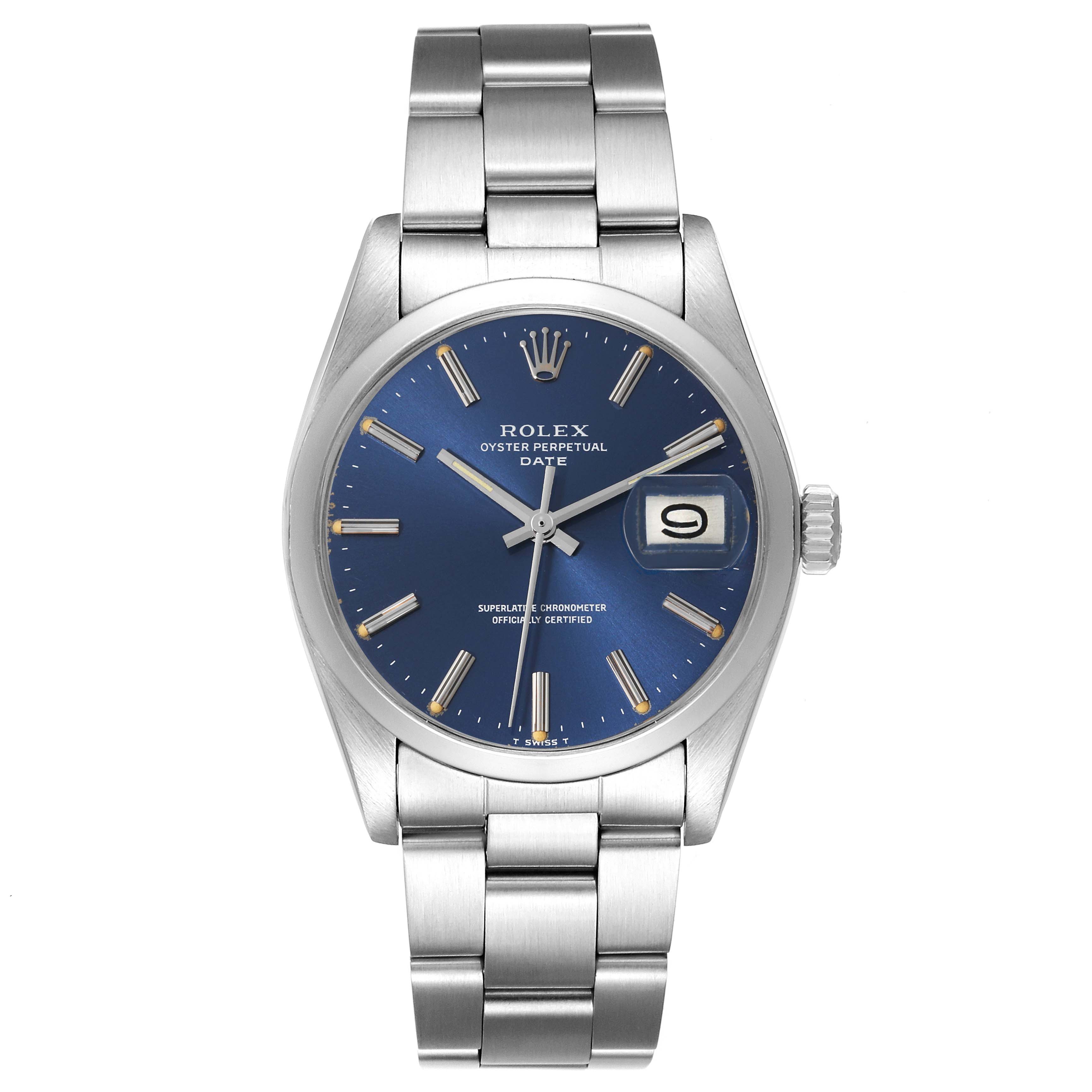 The image shows a Rolex Vintage Collection 1500 Men's Stainless Steel Blue Dial 1500 Men's Stainless Steel Blue Dial watch from a front angle, highlighting the blue dial, date window, and metal bracelet.