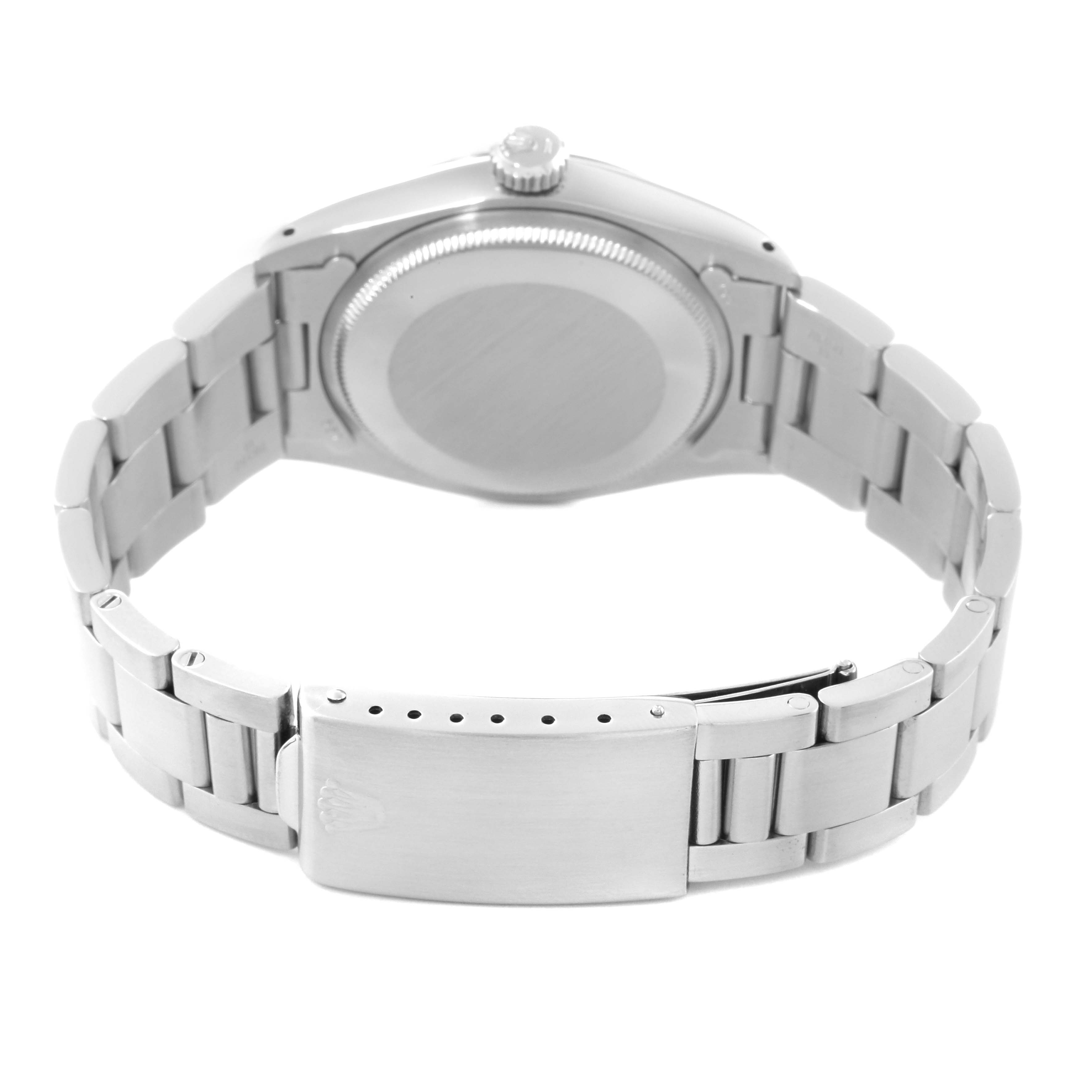 The image shows the back view of a Rolex Vintage Collection 1500 Men's Stainless Steel Blue Dial 1500 Men's Stainless Steel Blue Dial watch, highlighting the case back and metal bracelet with clasp.