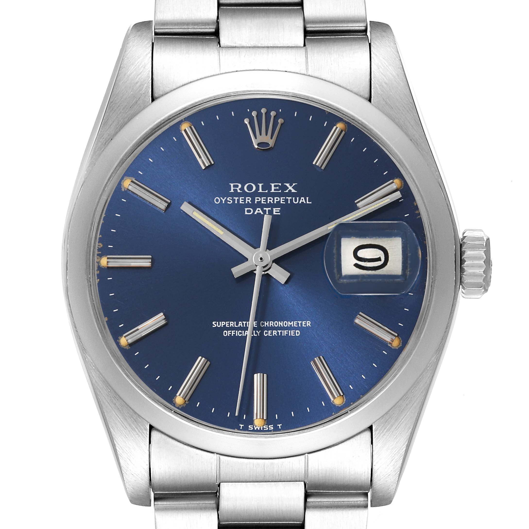 The image shows a frontal view of a Rolex Vintage Collection 1500 Men's Stainless Steel Blue Dial 1500 Men's Stainless Steel Blue Dial model watch with a blue dial and date display.