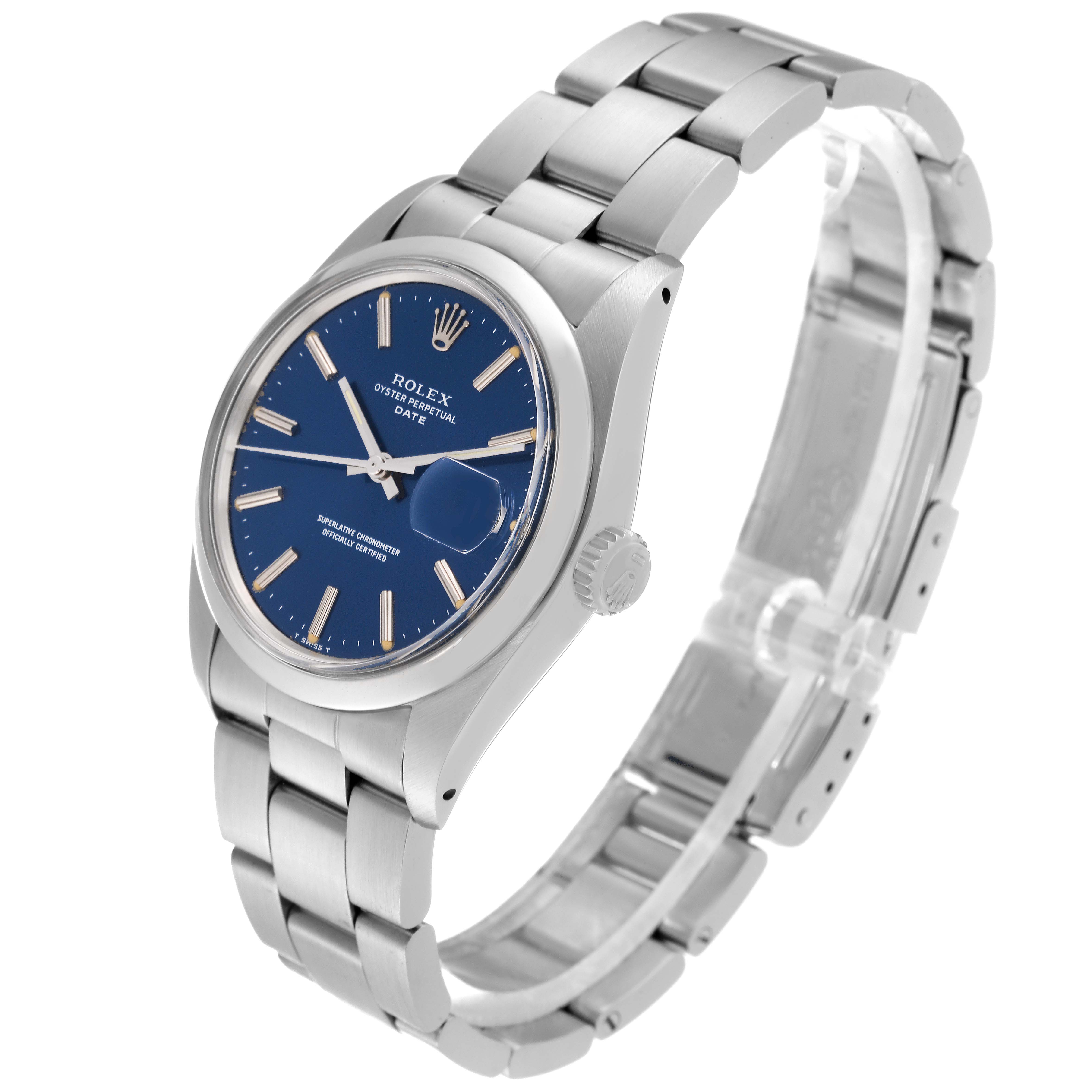 The Rolex Vintage Collection 1500 Men's Stainless Steel Blue Dial 1500 Men's Stainless Steel Blue Dial watch is shown at an angled side view, highlighting its blue dial, stainless steel case, and bracelet.