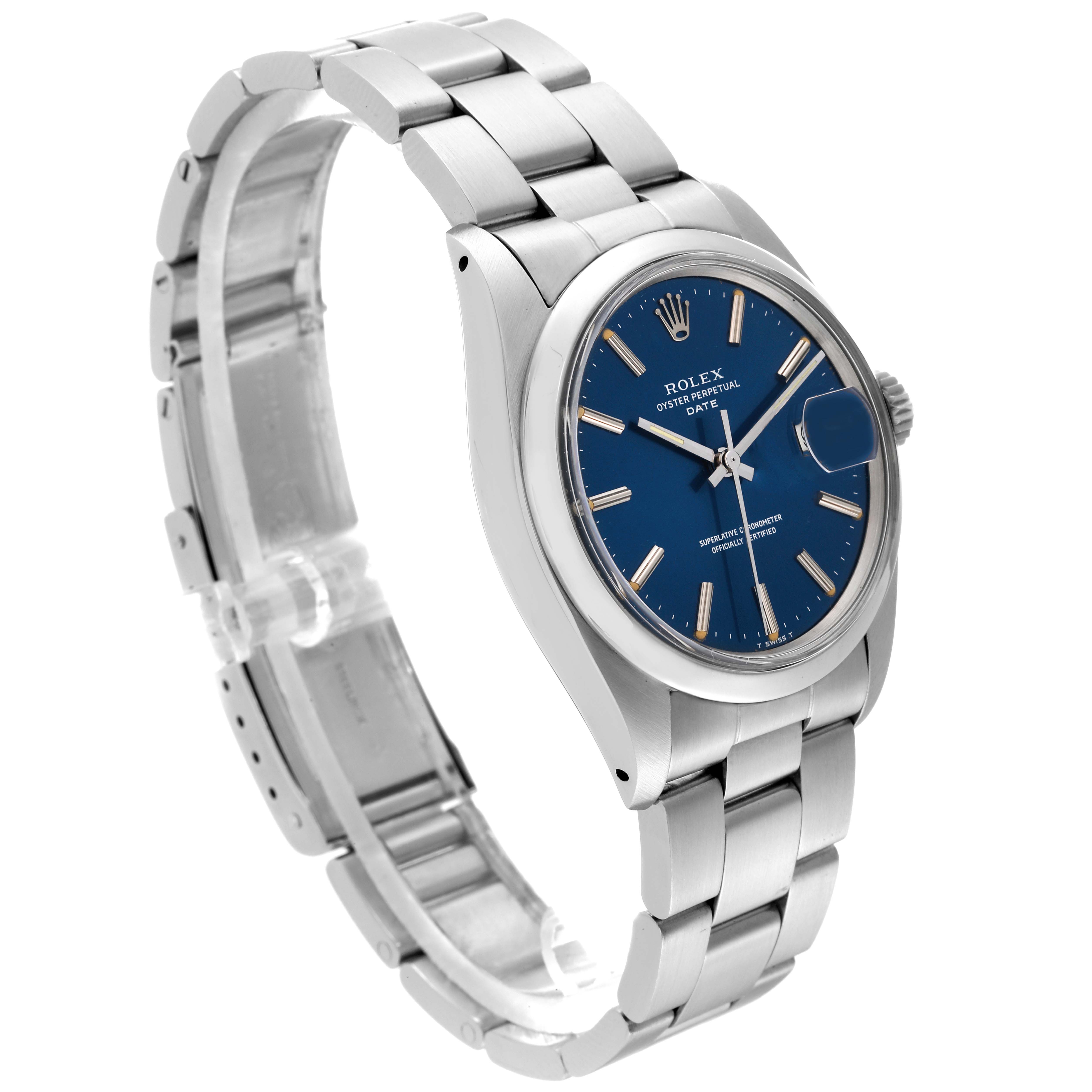 The image shows a side angle of the Rolex Vintage Collection 1500 Men's Stainless Steel Blue Dial 1500 Men's Stainless Steel Blue Dial watch, highlighting the blue dial, watch case, and stainless steel bracelet.