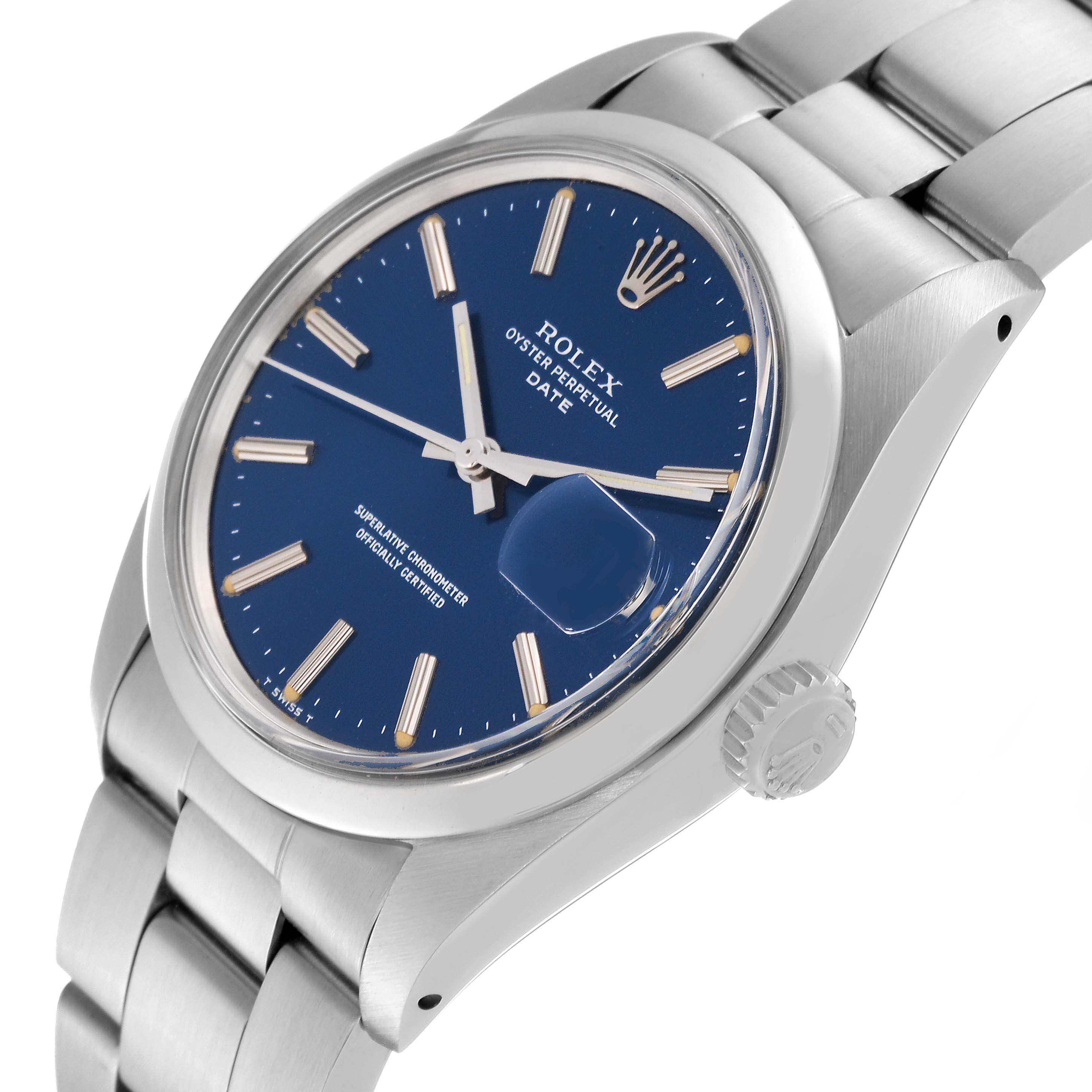 The image shows a Vintage Collection Rolex Oyster Perpetual Date watch from a slight side angle, highlighting the face, crown, and bracelet.