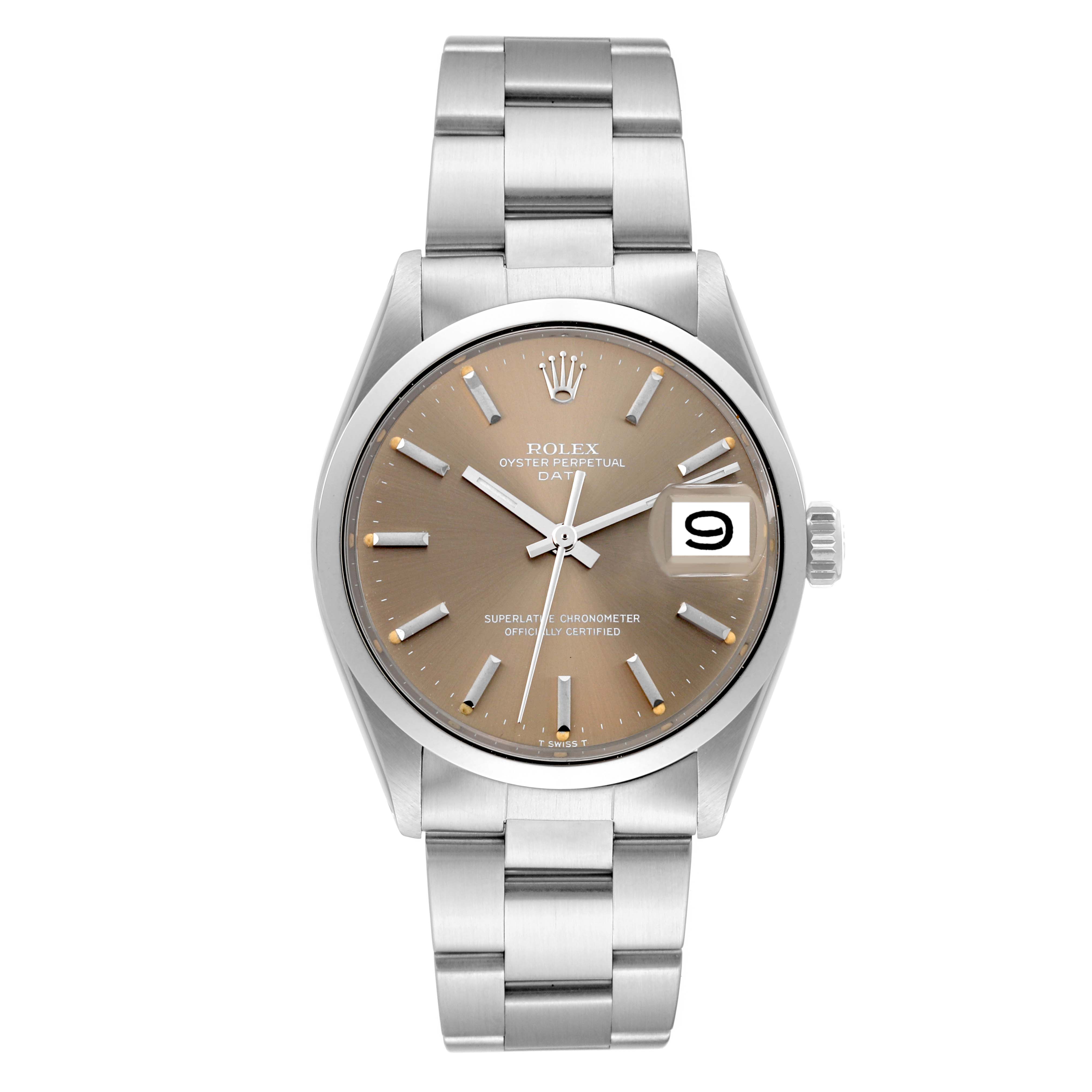 This is a front view of the Rolex Vintage Collection 1500 Men's Stainless Steel Brown Dial 1500 Men's Stainless Steel Brown Dial watch, displaying its dial, bracelet, and date window.