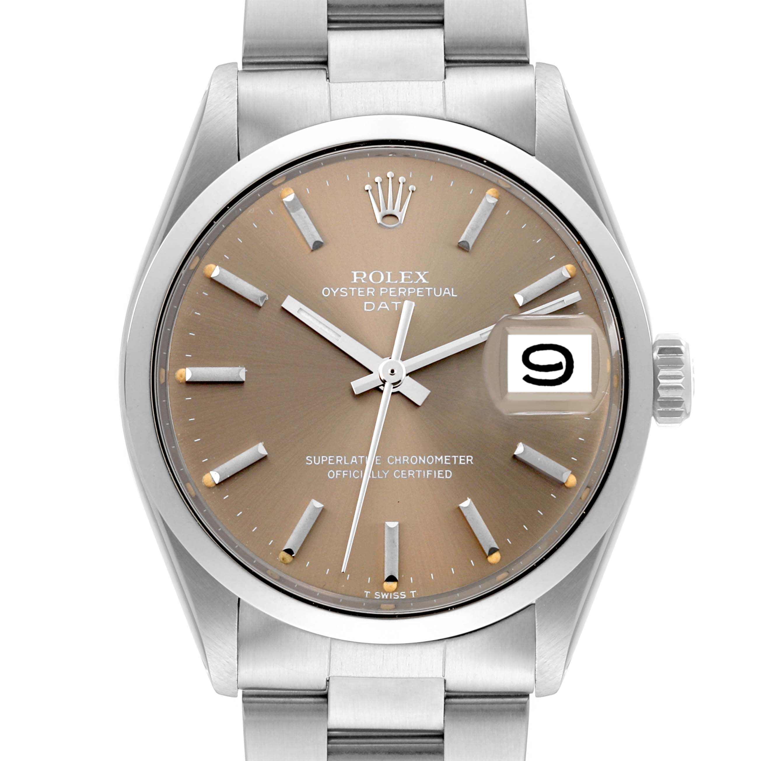 The image shows a front view of the Rolex Vintage Collection 1500 Men's Stainless Steel Brown Dial 1500 Men's Stainless Steel Brown Dial Oyster Perpetual Date watch, including the face, hands, and part of the metal bracelet.