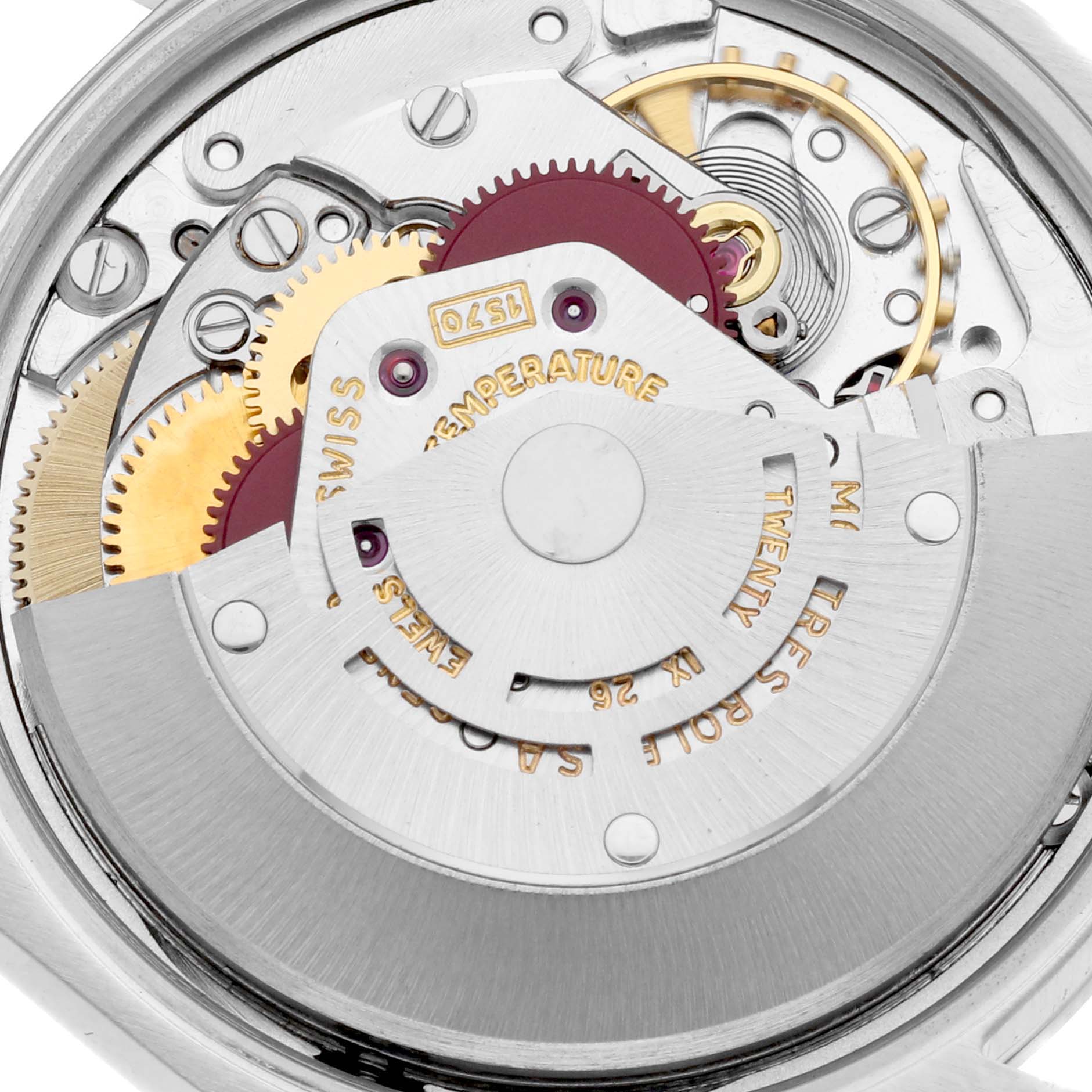 This image shows the intricate internal mechanism and gears of the Rolex Vintage Collection 1500 Men's Stainless Steel Brown Dial 1500 Men's Stainless Steel Brown Dial model watch at a close-up angle.